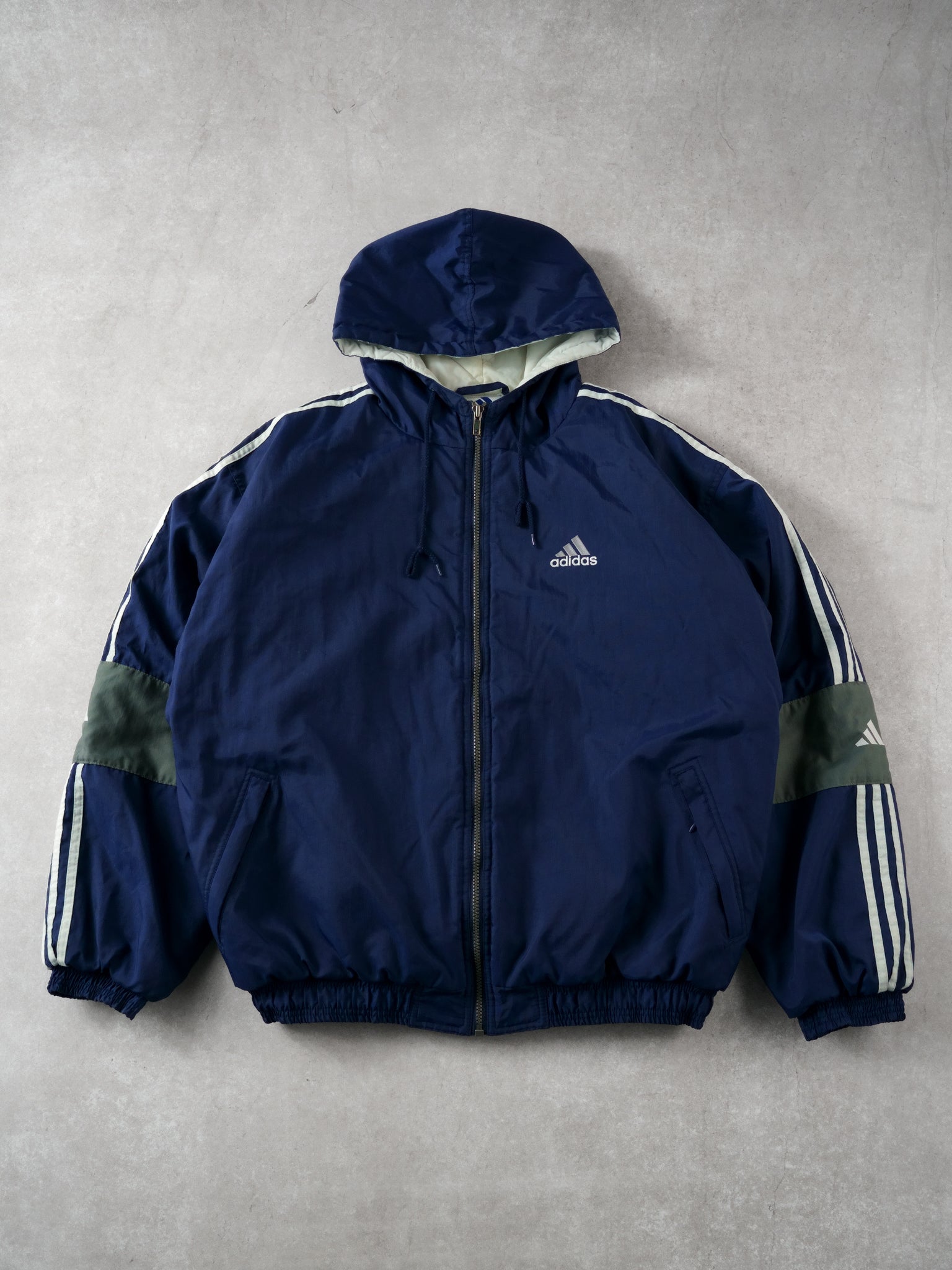 Vintage 90s Navy Blue Adidas Hooded Windbreaker (L)