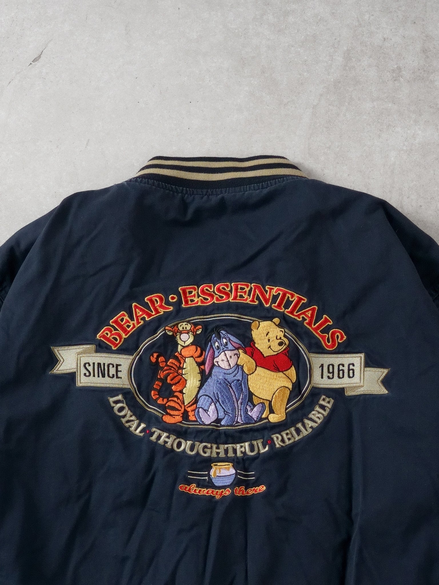 Vintage 90s Navy Blue Walt Disney Winnie The Pooh Bear Essentials Bomber (M/L)