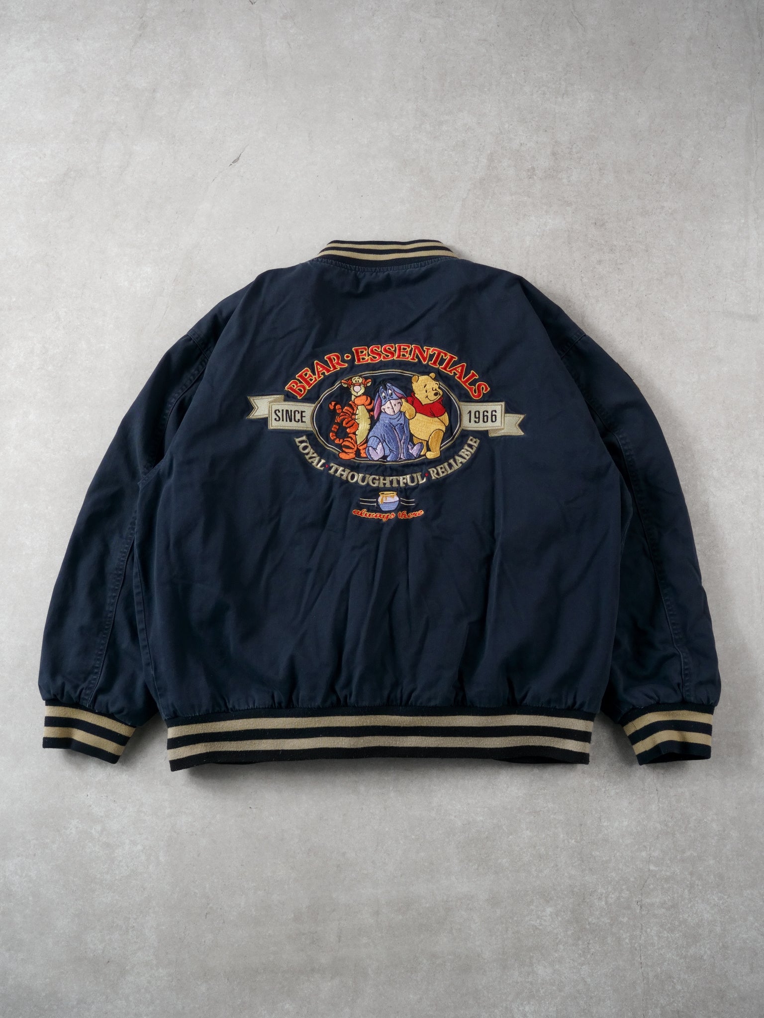 Vintage 90s Navy Blue Walt Disney Winnie The Pooh Bear Essentials Bomber (M/L)