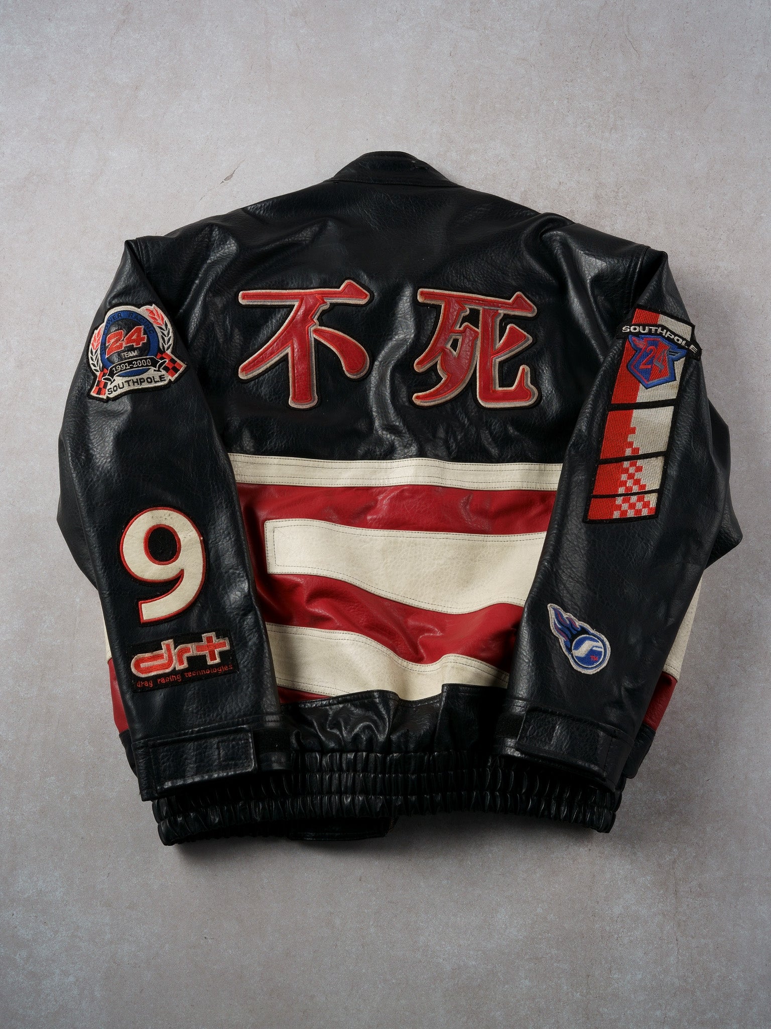 Vintage Black, Red and White Don't Die #9 Leather Biker Jacket (XL)