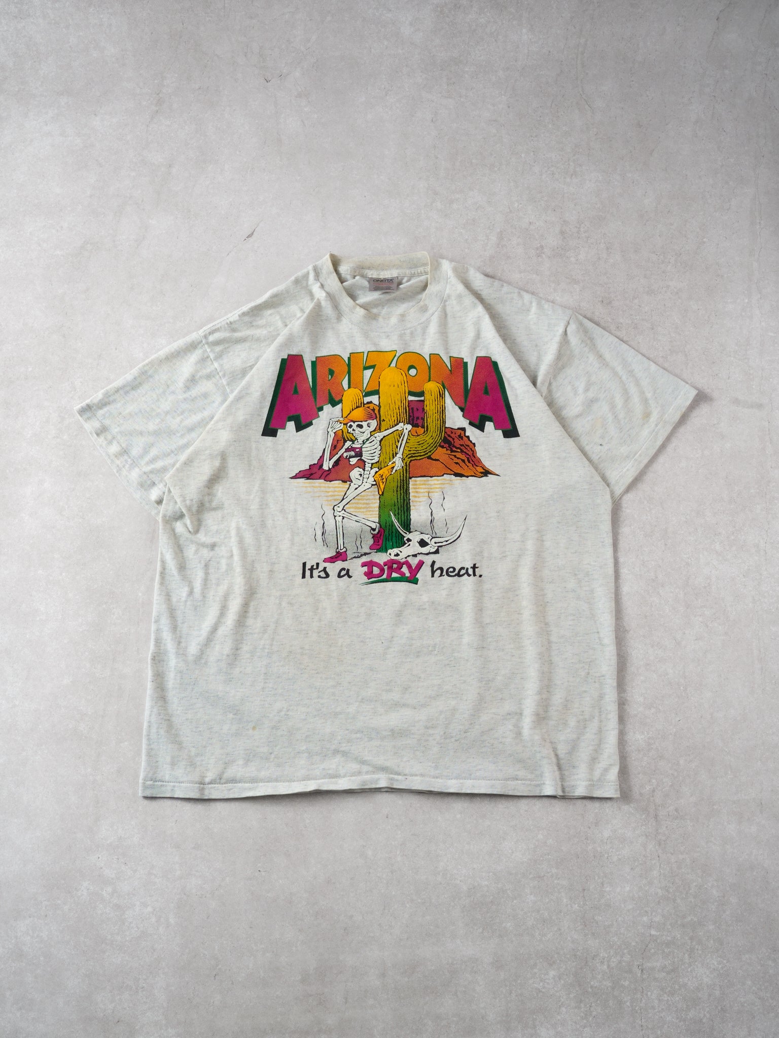 Vintage 90s Grey Arizona Its a Dry Heat Graphic Single Stitch Tee (L)