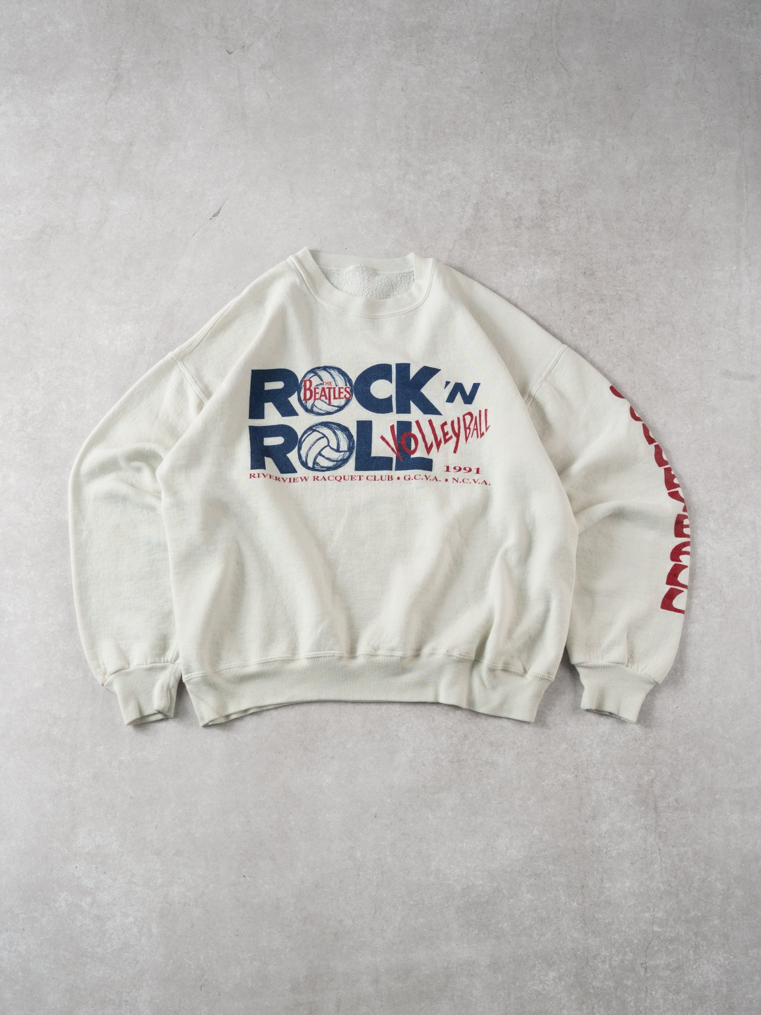 Vintage 91' White The Beatles Rock N Roll Volleyball Graphic Crewneck (L)