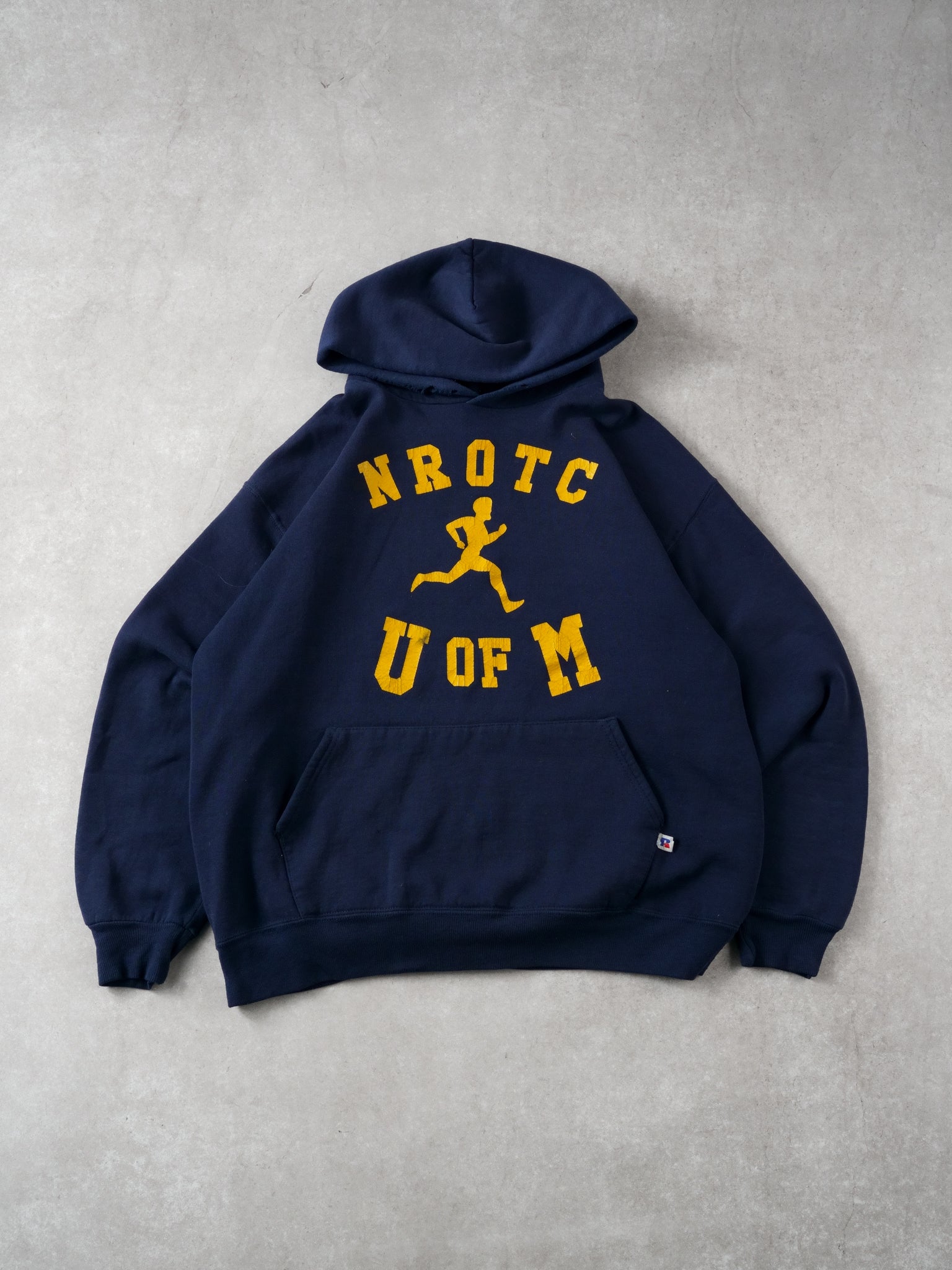 Vintage 90s Navy Blue and Yellow Univeristy of Michigan x Russell Athletics Hoodie (L)
