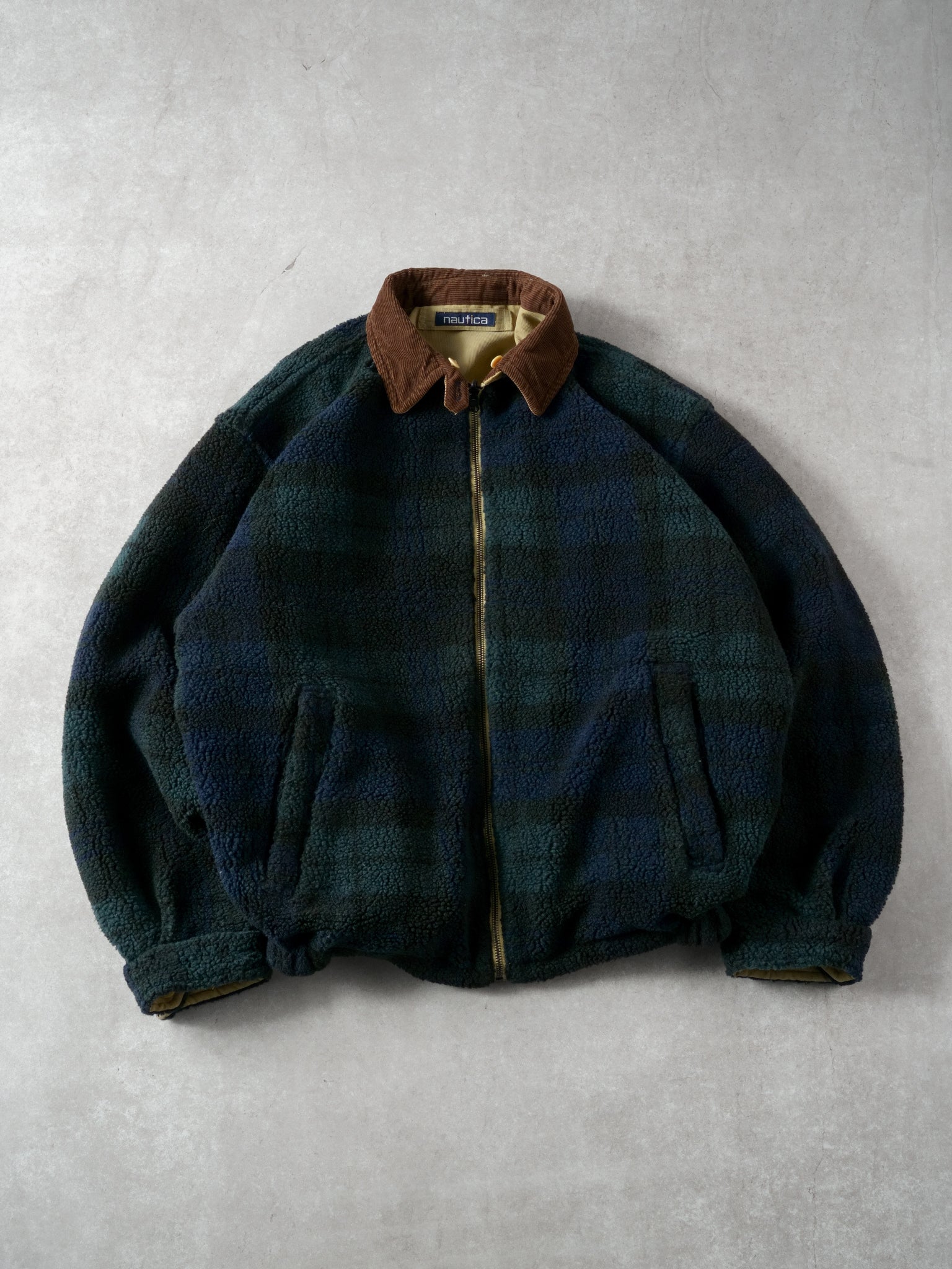 Vintage 90s Green Nautica Plaid Fleece Reversible Collared Jacket (XXL)