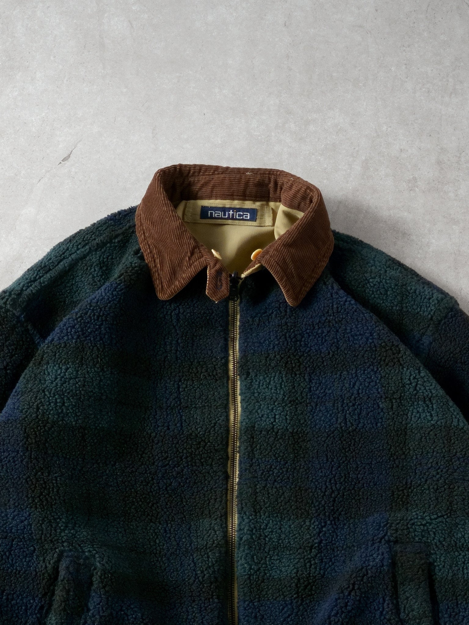 Vintage 90s Green Nautica Plaid Fleece Reversible Collared Jacket (XXL)