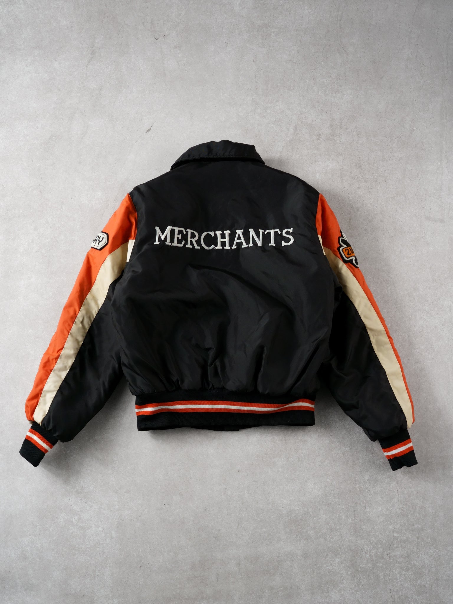 Vintage 82' Black and Orange Merchants Gorebays Champs Baseball Bomber (S/M)