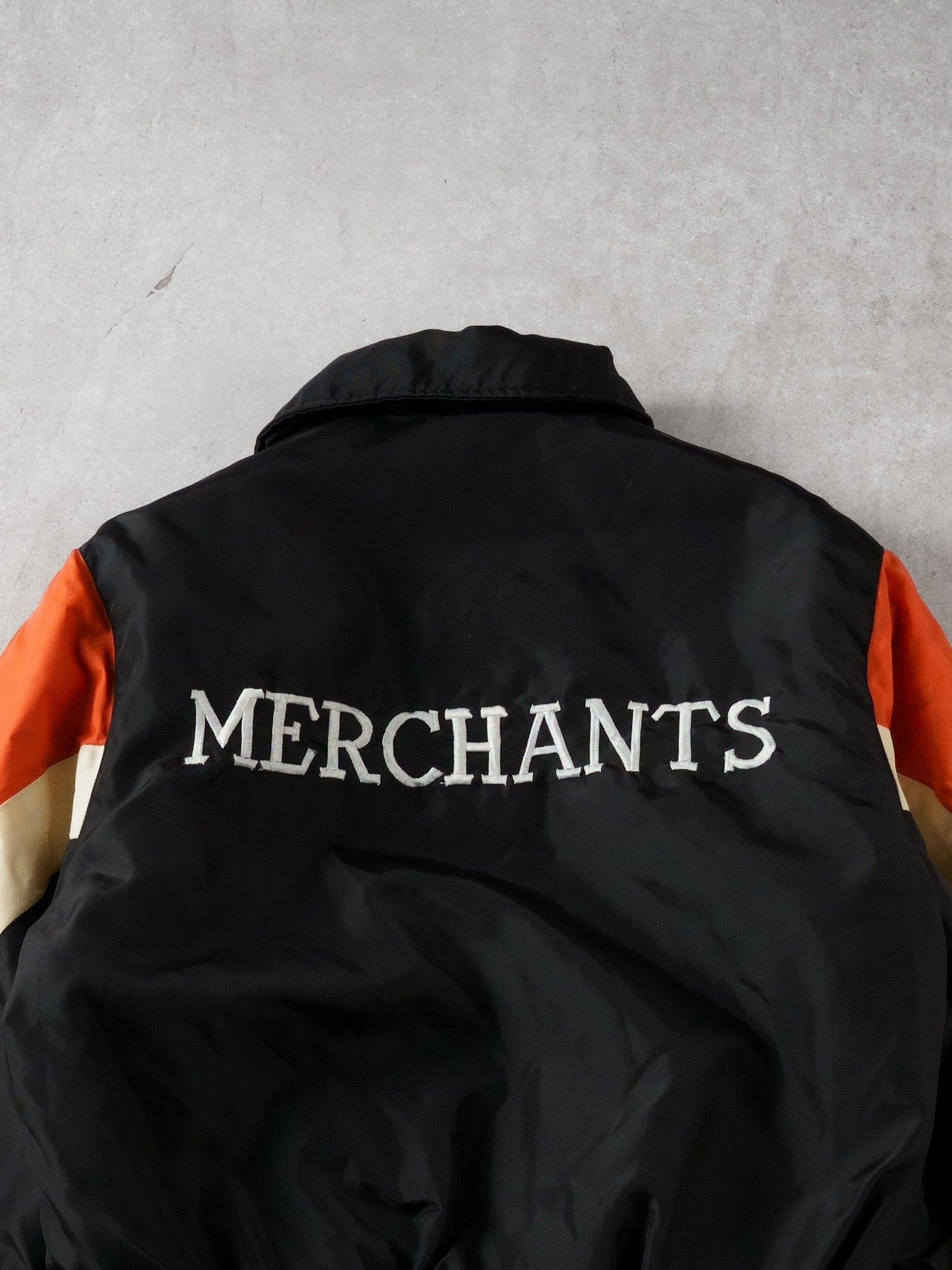 Vintage 82' Black and Orange Merchants Gorebays Champs Baseball Bomber (S/M)