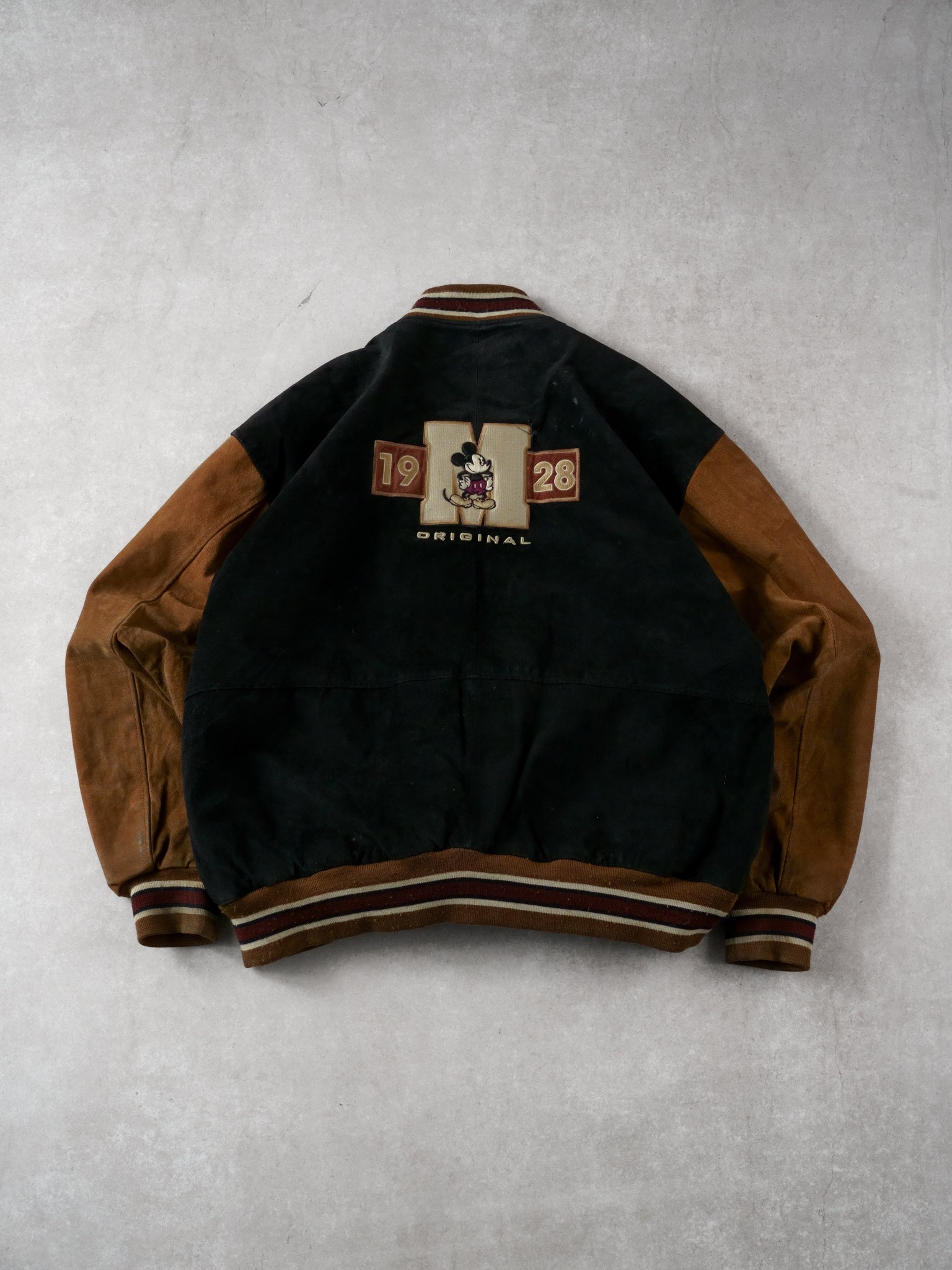 Vintage 90s Black and Brown Mickey Mouse Disney Original Varsity Jacket (L)