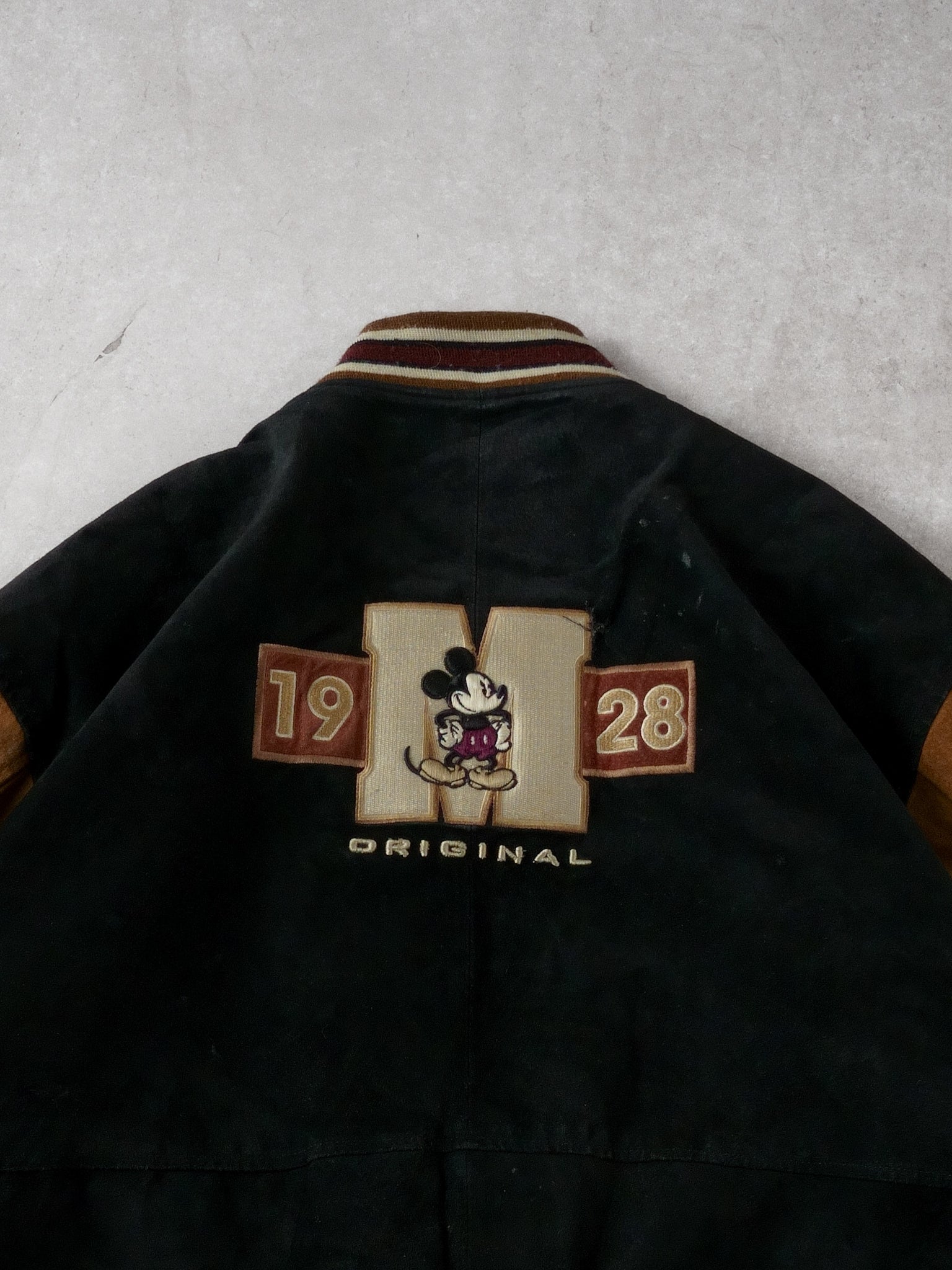 Vintage 90s Black and Brown Mickey Mouse Disney Original Varsity Jacket (L)