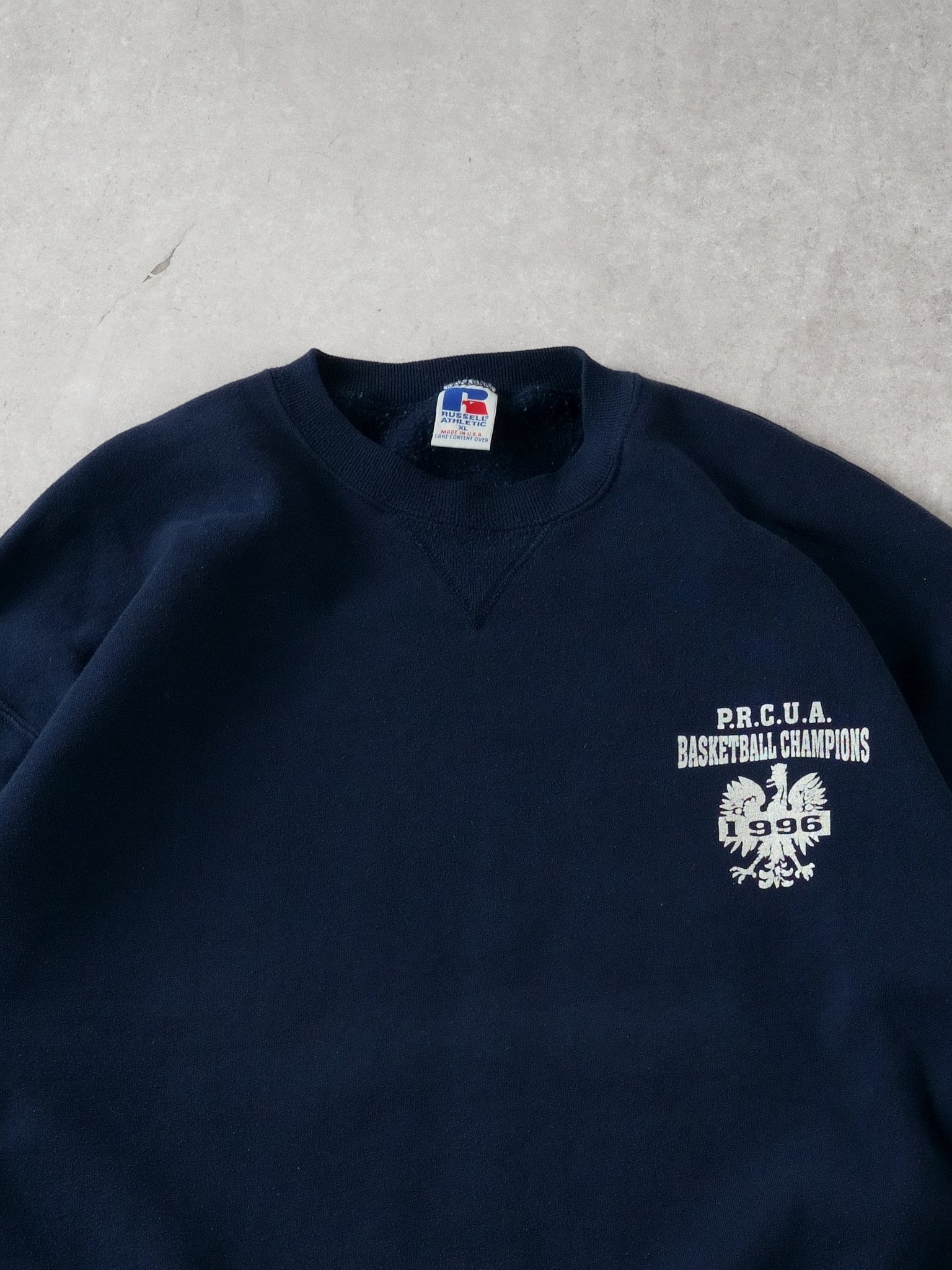 Vintage 96' Navy Blue Russell Athletics x PRCUA Basketball Champs Crewneck (L)