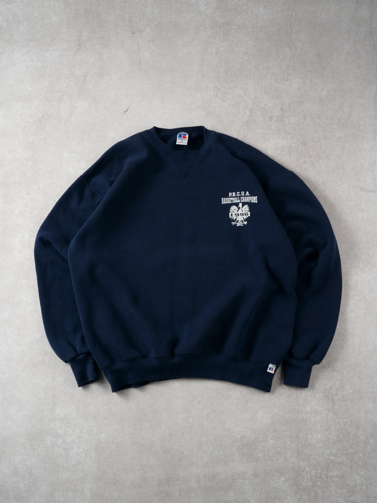Vintage 96' Navy Blue Russell Athletics x PRCUA Basketball Champs Crewneck (L)