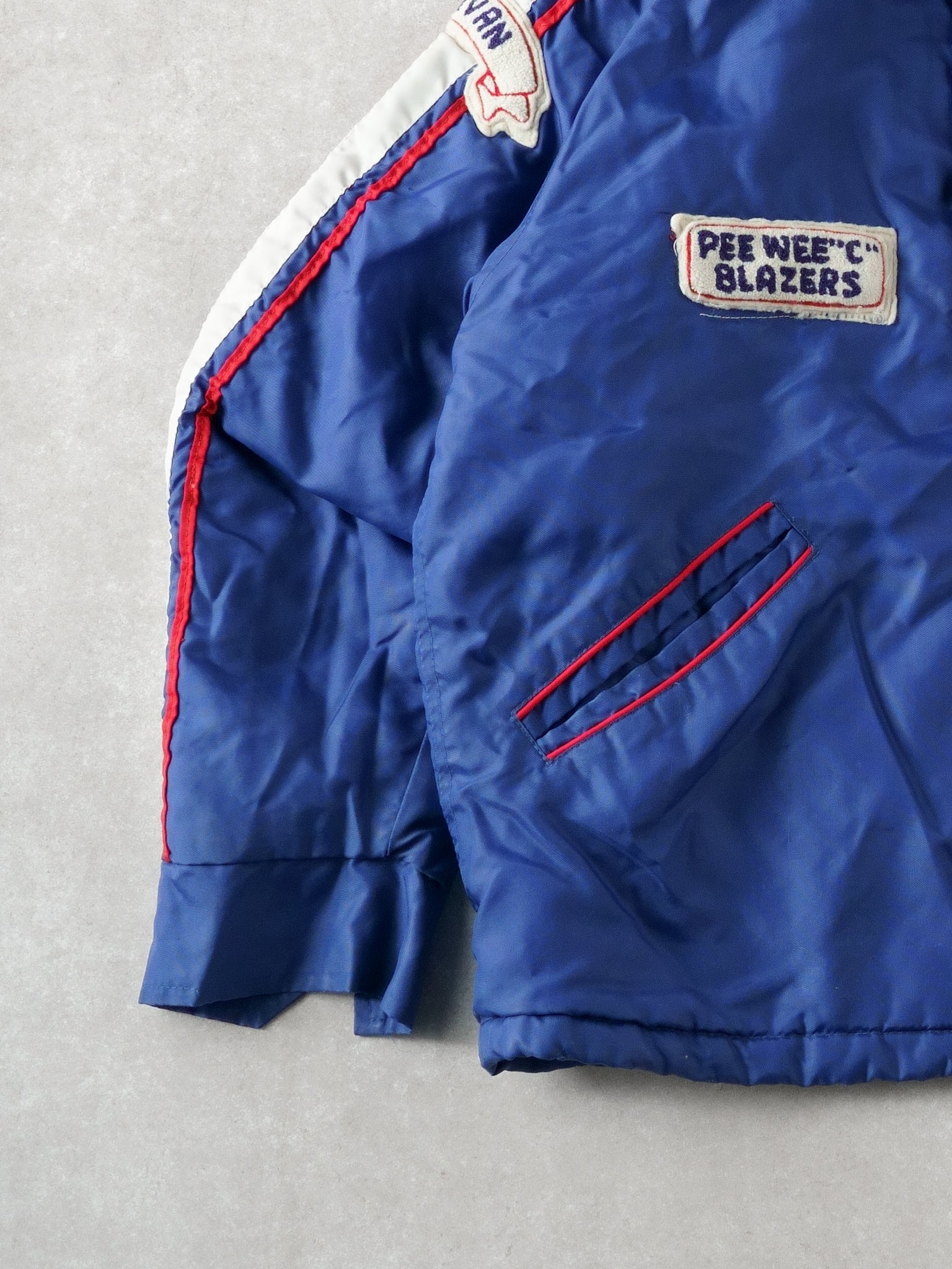 Vintage 90s Navy Blue 7 Club Peewee "C" Blazer Collared Bomber Jacket (L)