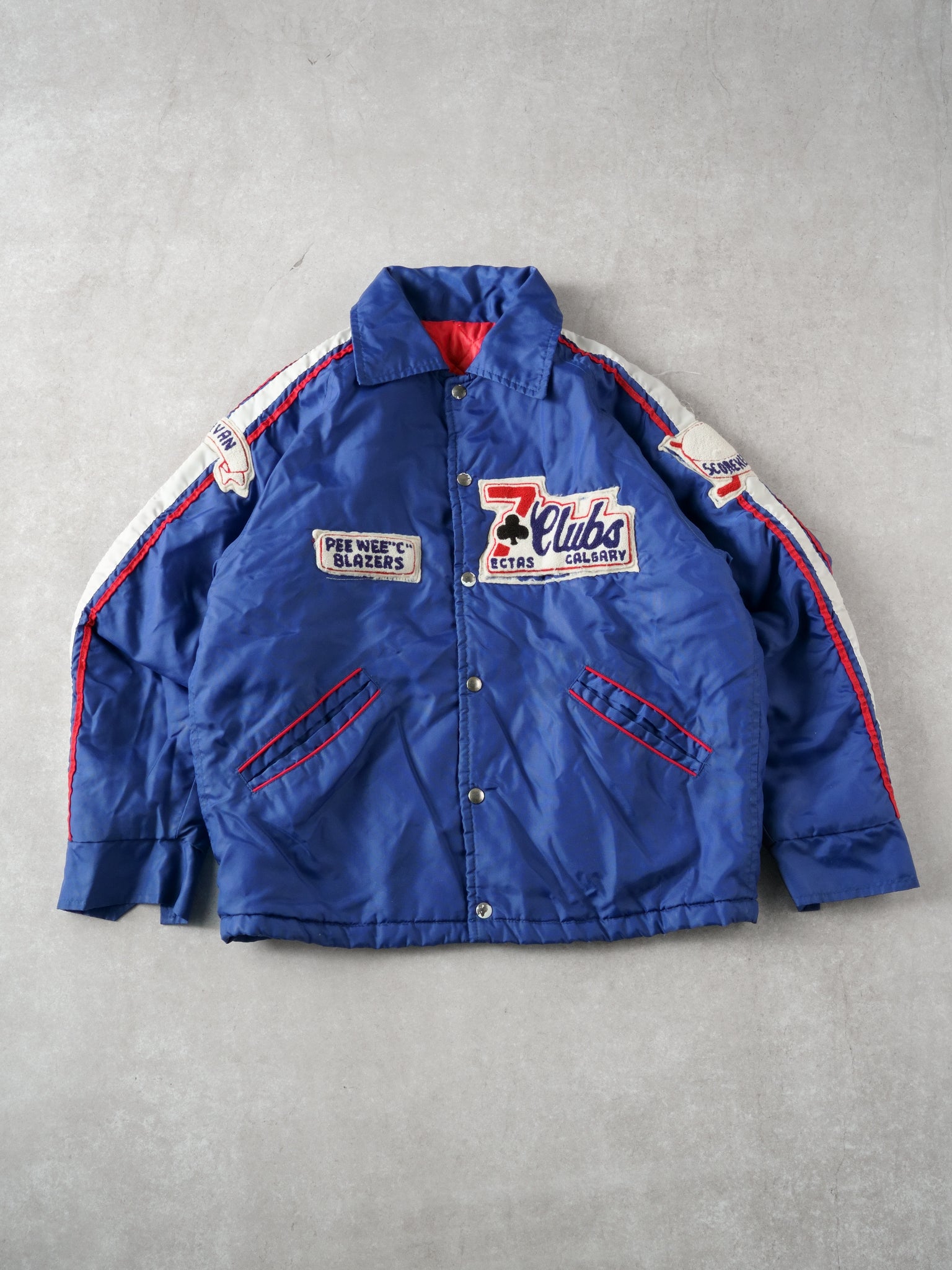 Vintage 90s Navy Blue 7 Club Peewee "C" Blazer Collared Bomber Jacket (L)