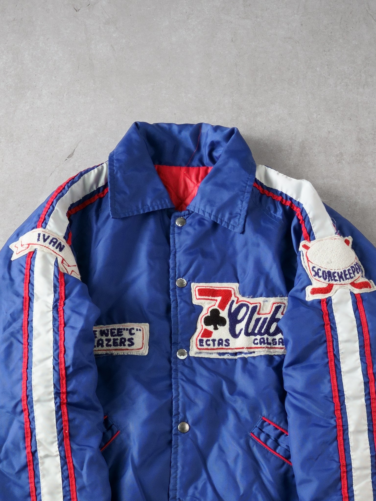 Vintage 90s Navy Blue 7 Club Peewee "C" Blazer Collared Bomber Jacket (L)
