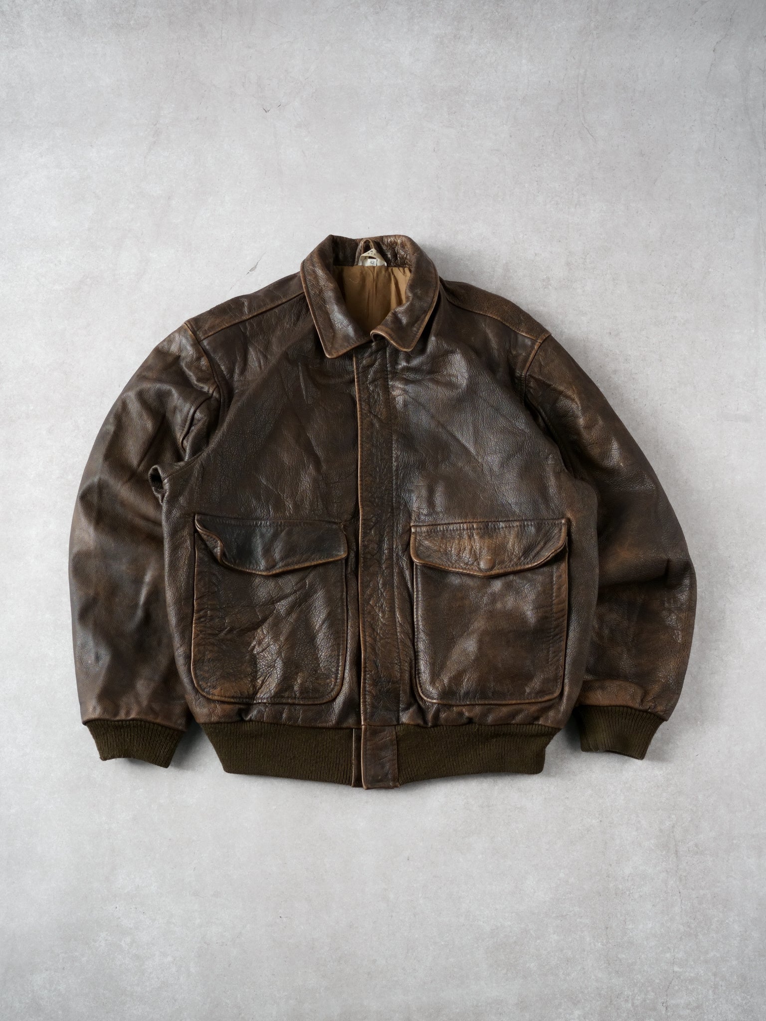 Vintage 80s Washed Brown Collared Leather Jacket (M)
