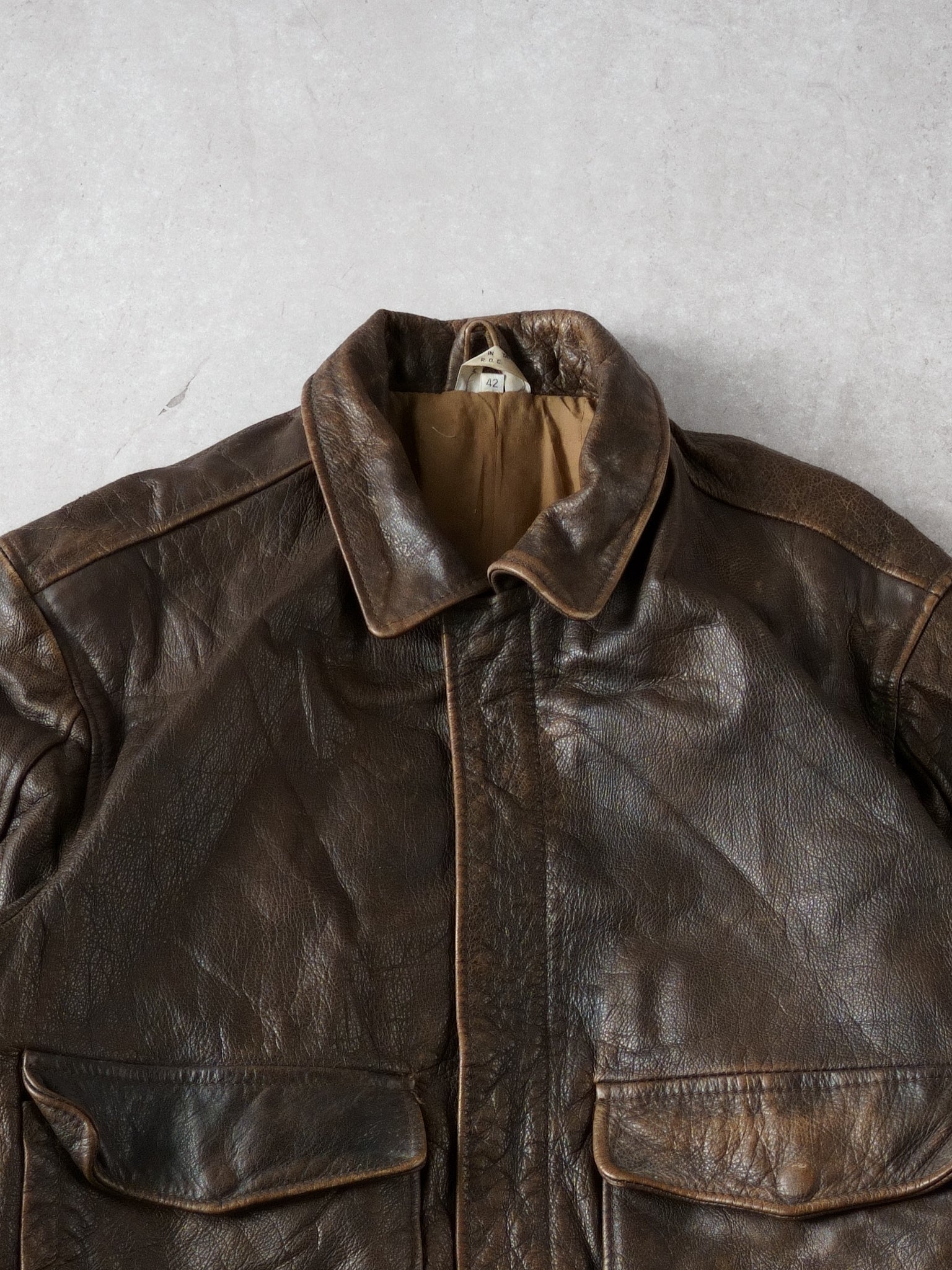 Vintage 80s Washed Brown Collared Leather Jacket (M)