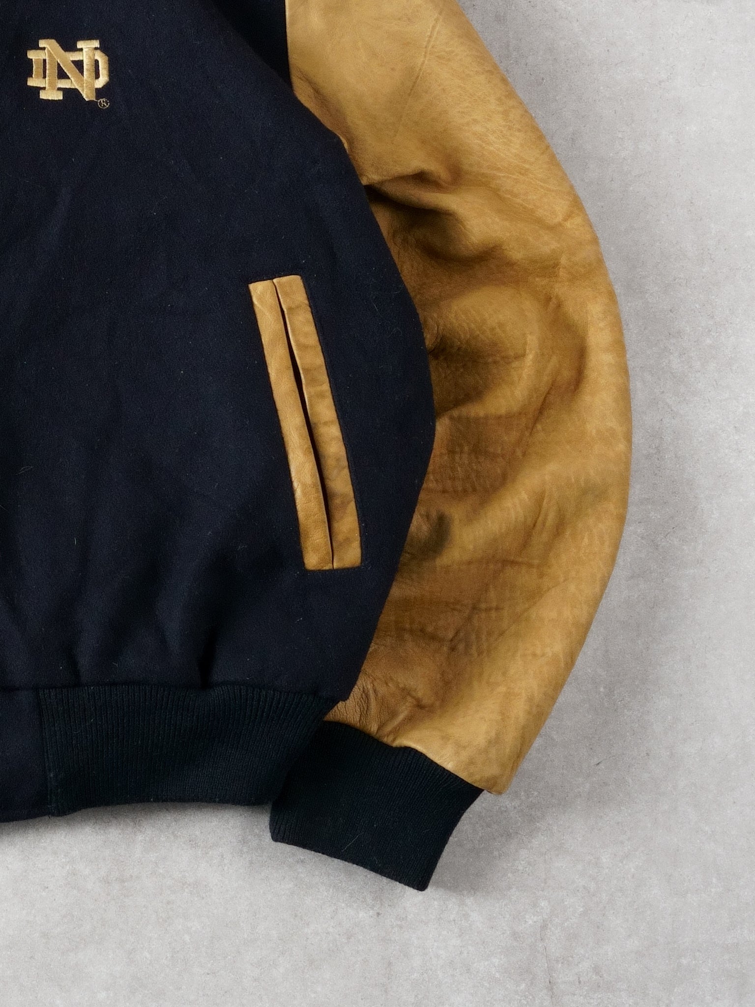 Vintage 90s Navy Blue Notre Dame Collared Varsity Jacket (L/XL)