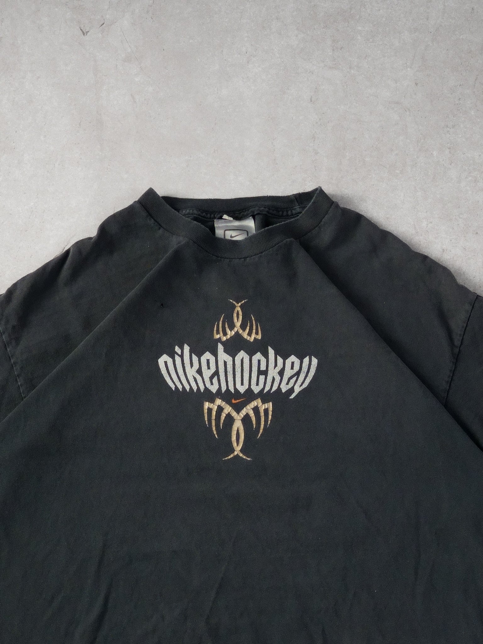 Vintage Y2k Washed Black Nike Hockey Emblem Tee (L)