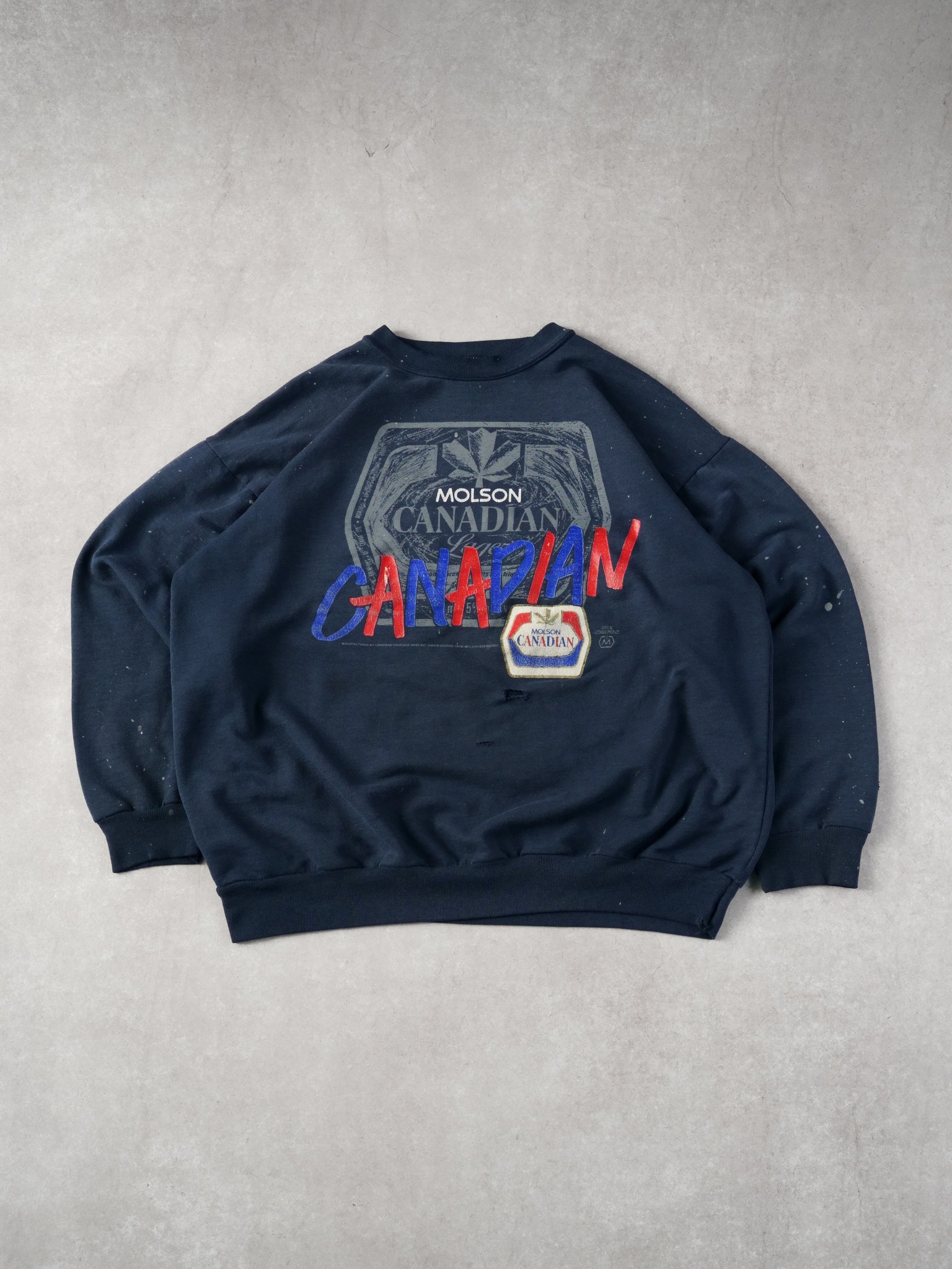 Vintage 90s Navy Blue Molson Canadian Distressed Graphic Crewneck (L)