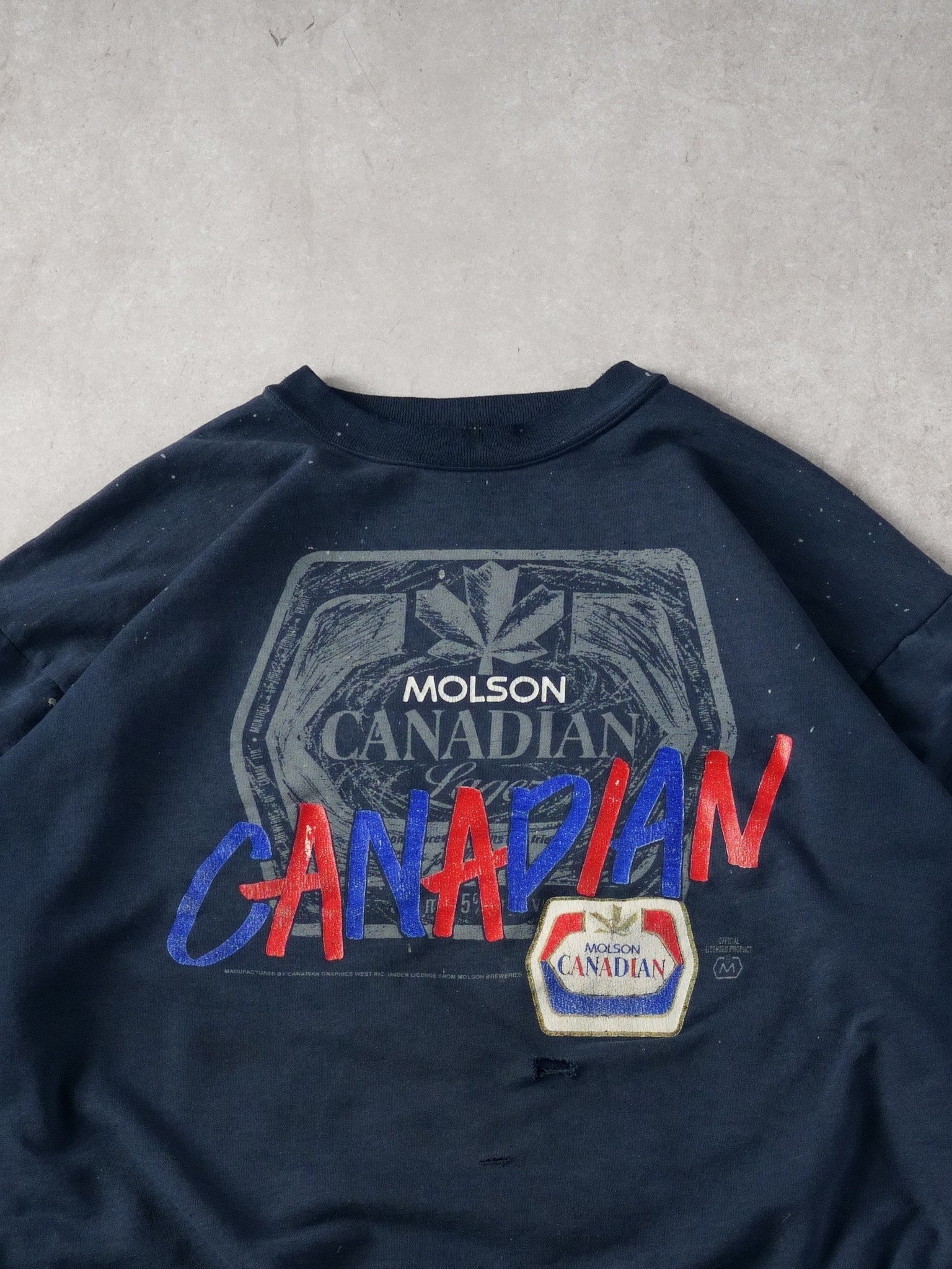 Vintage 90s Navy Blue Molson Canadian Distressed Graphic Crewneck (L)