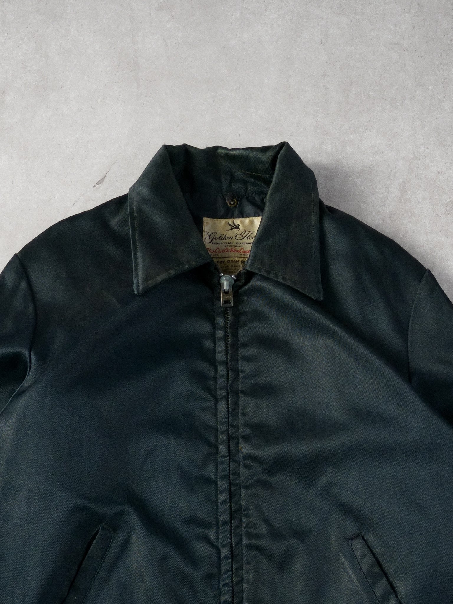 Vintage 70s Dark Green Golden Fleece Collared Satin Wax Jacket (L)