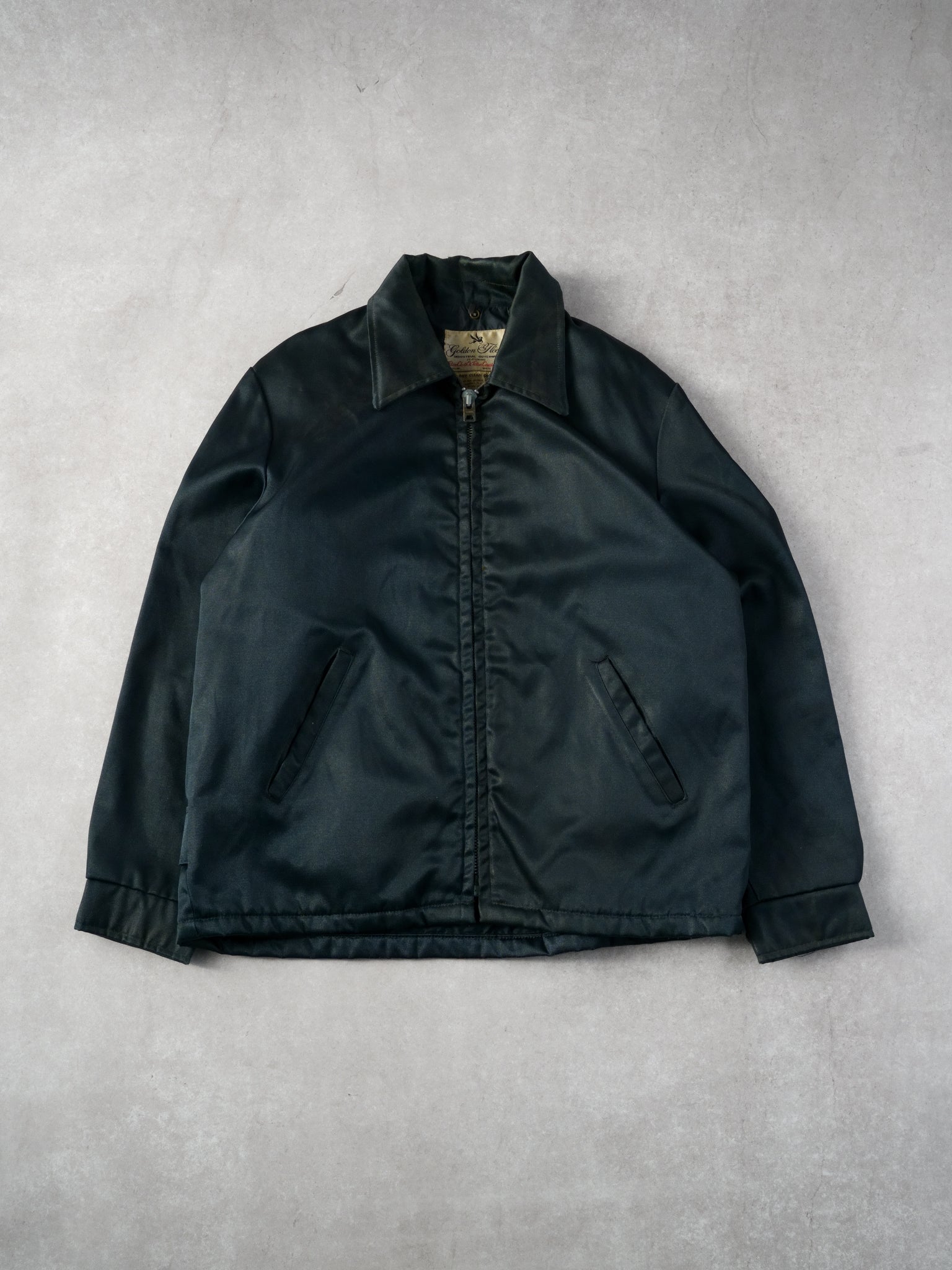 Vintage 70s Dark Green Golden Fleece Collared Satin Wax Jacket (L)