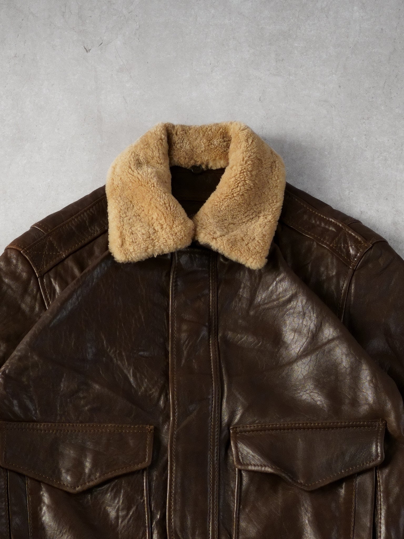 Vintage 90s Brown Andrew Marc Leather Sherpa Collared Bomber Jacket (L)