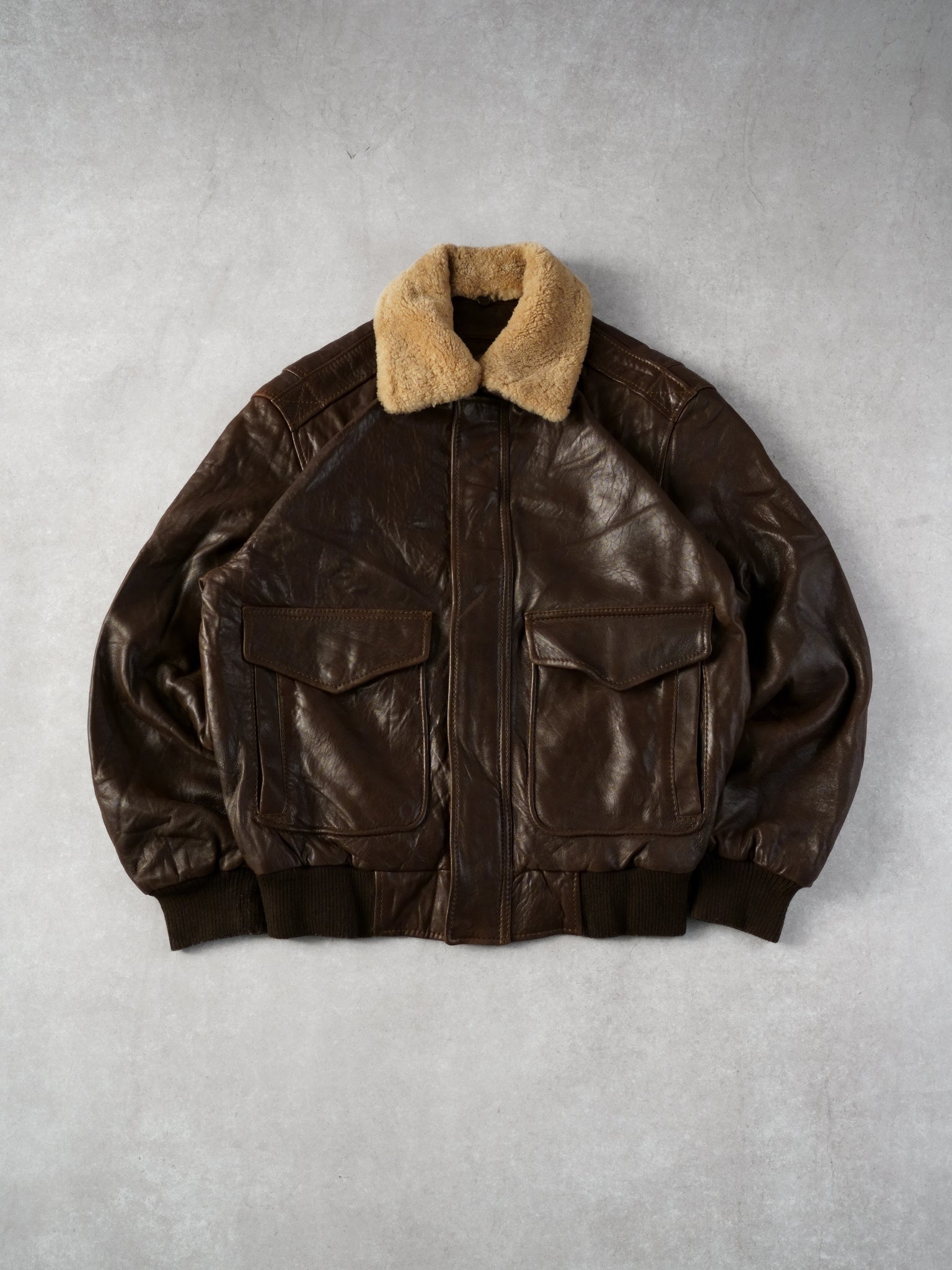 Vintage 90s Brown Andrew Marc Leather Sherpa Collared Bomber Jacket (L)