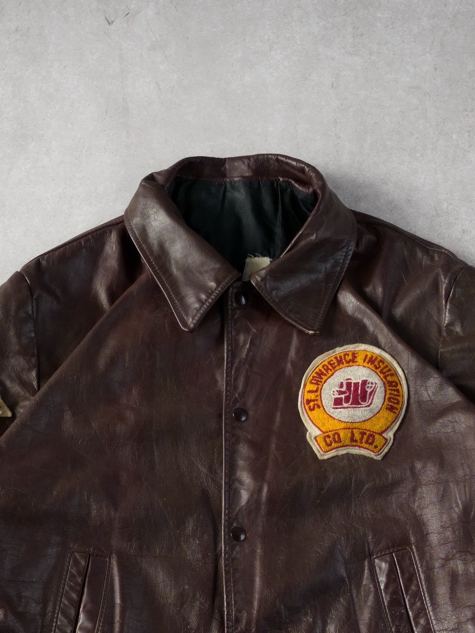 Vintage 70s Maroon St Lawrence Insulation Co Collared Leather Jacket (L)