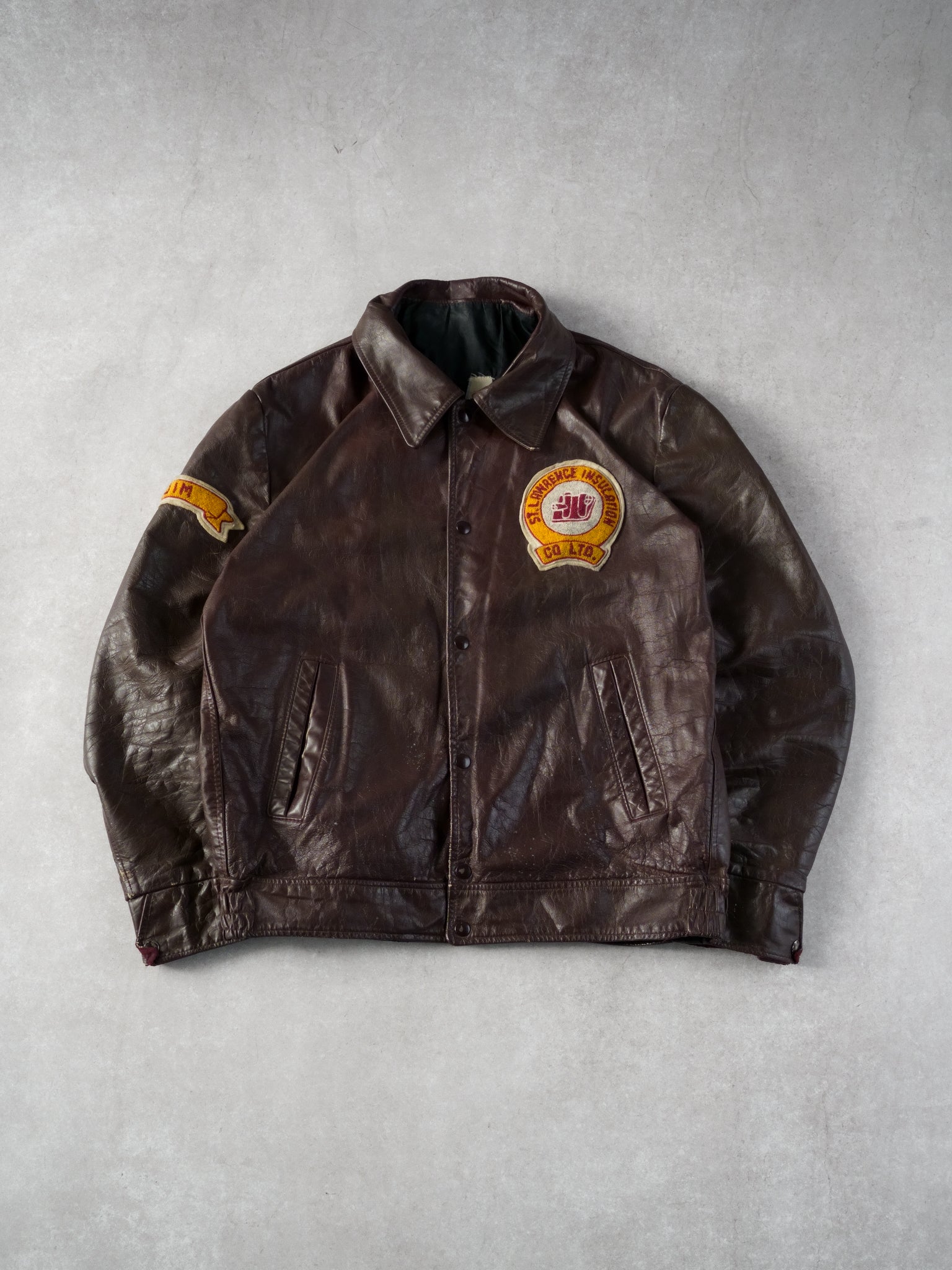 Vintage 70s Maroon St Lawrence Insulation Co Collared Leather Jacket (L)