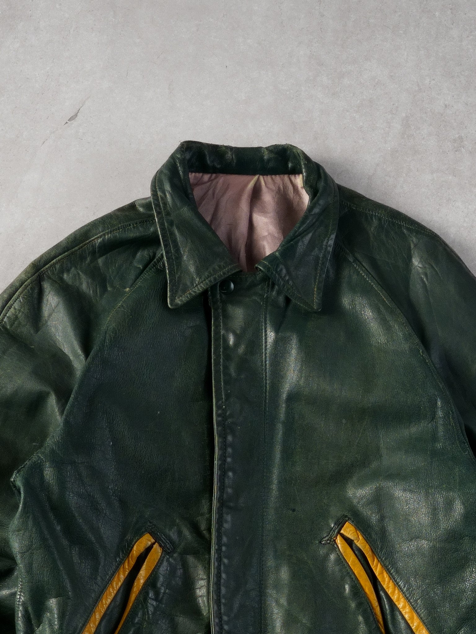 Vintage 70s Pine Green and Yellow Collared Leather Jacket (M)