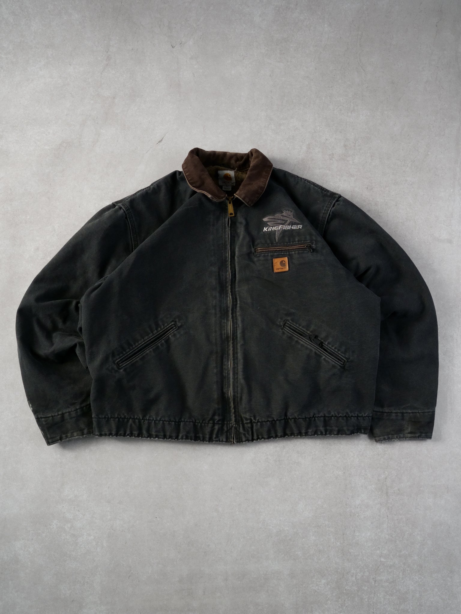 Vintage 90s Dark Grey and Brown Carhartt King Fisher Detroit Workwear Jacket (L)