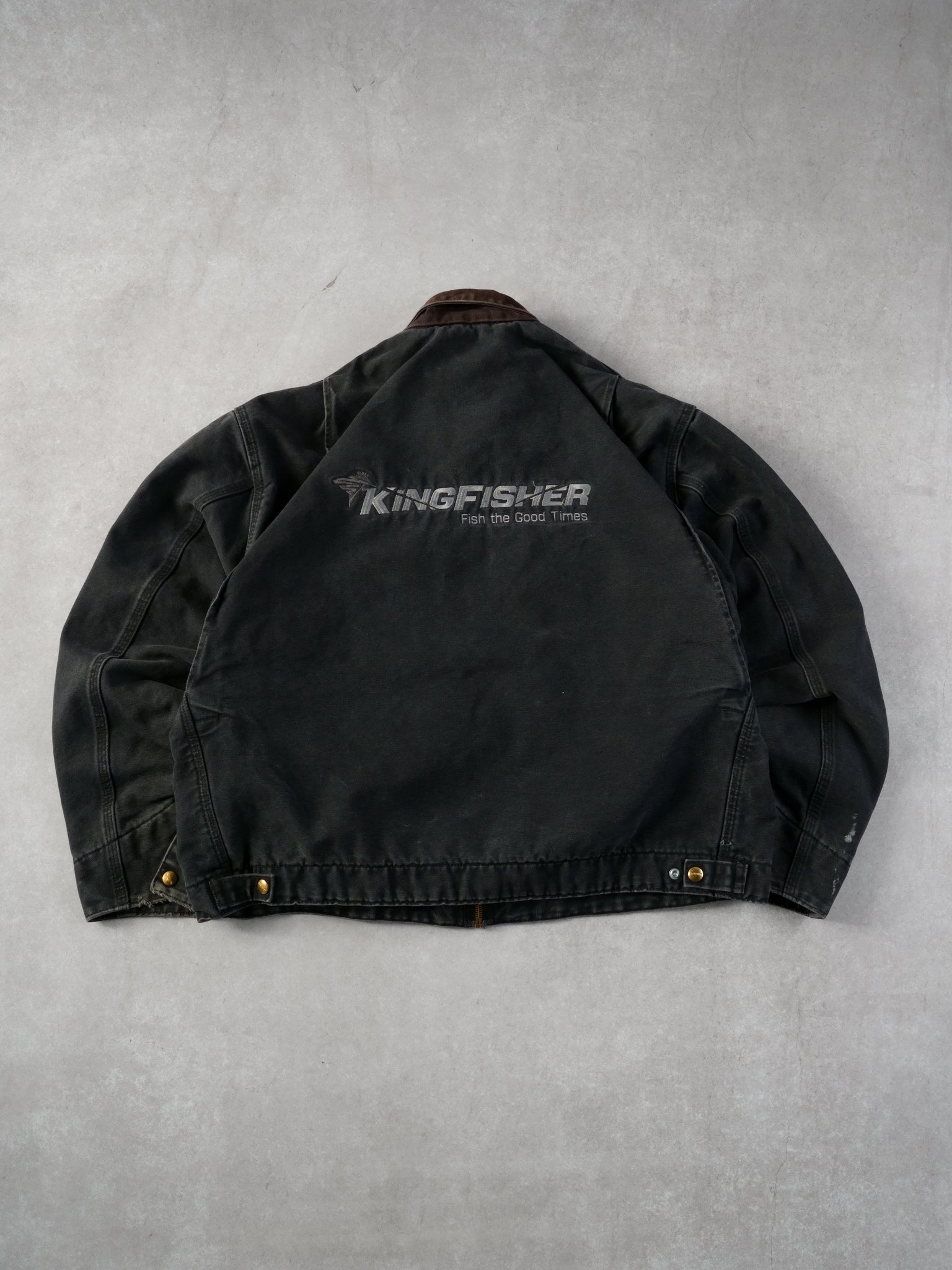 Vintage 90s Dark Grey and Brown Carhartt King Fisher Detroit Workwear Jacket (L)