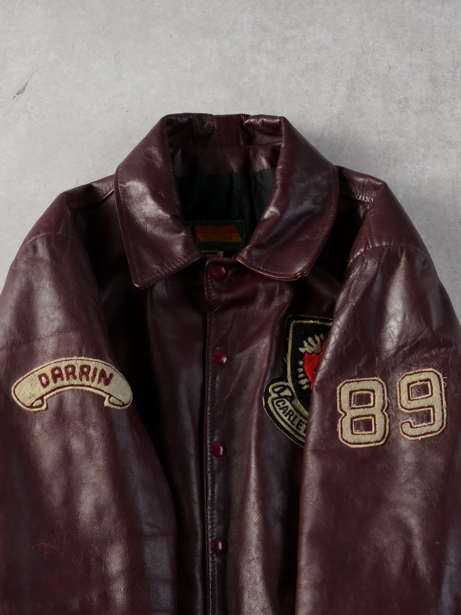 Vintage 89' Maroon Carleton University Emblem Collared Leather Jacket ...