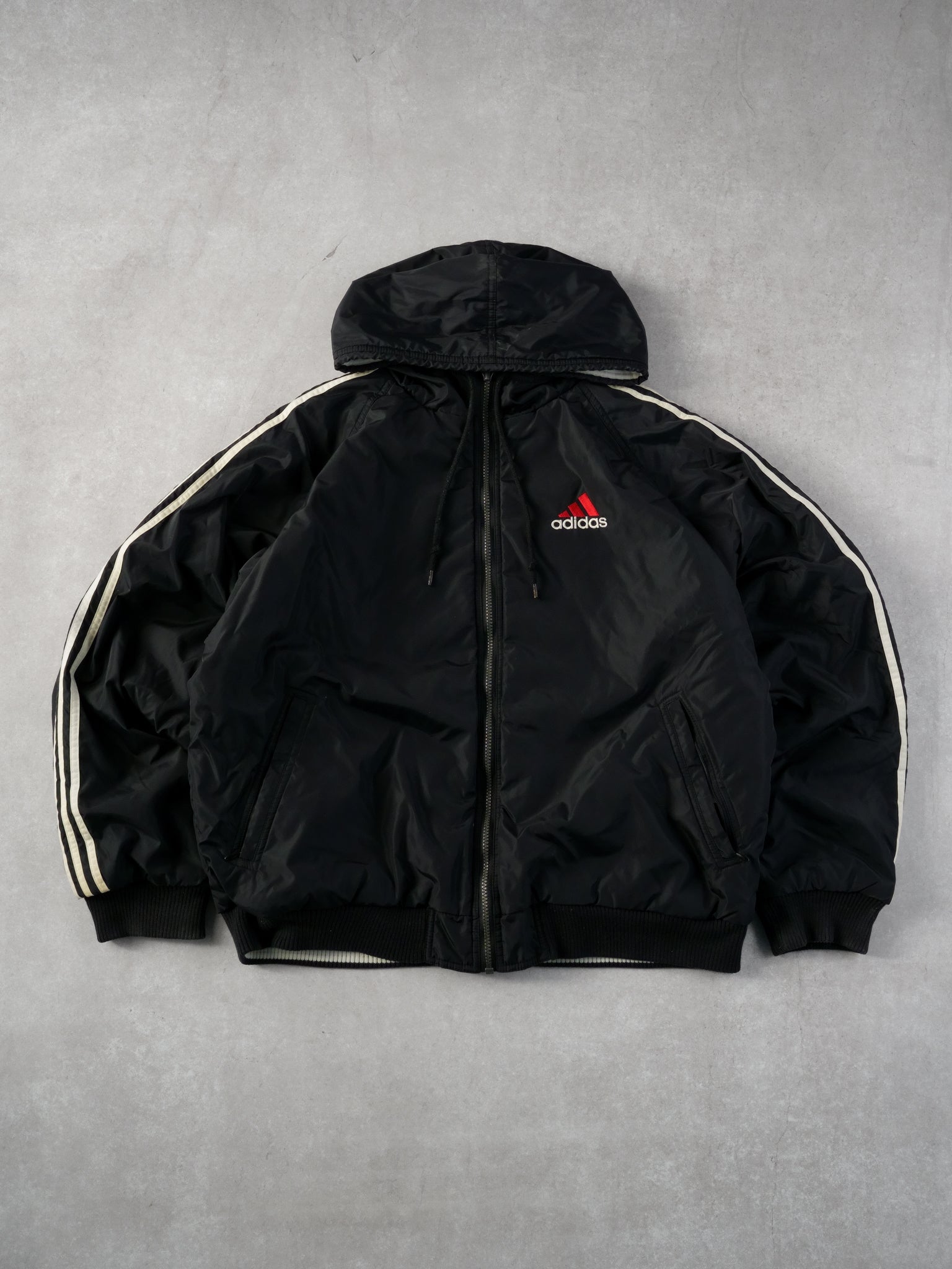 Vintage 90s Black Adidas Hooded Reversible Hooded Windbreaker (L)