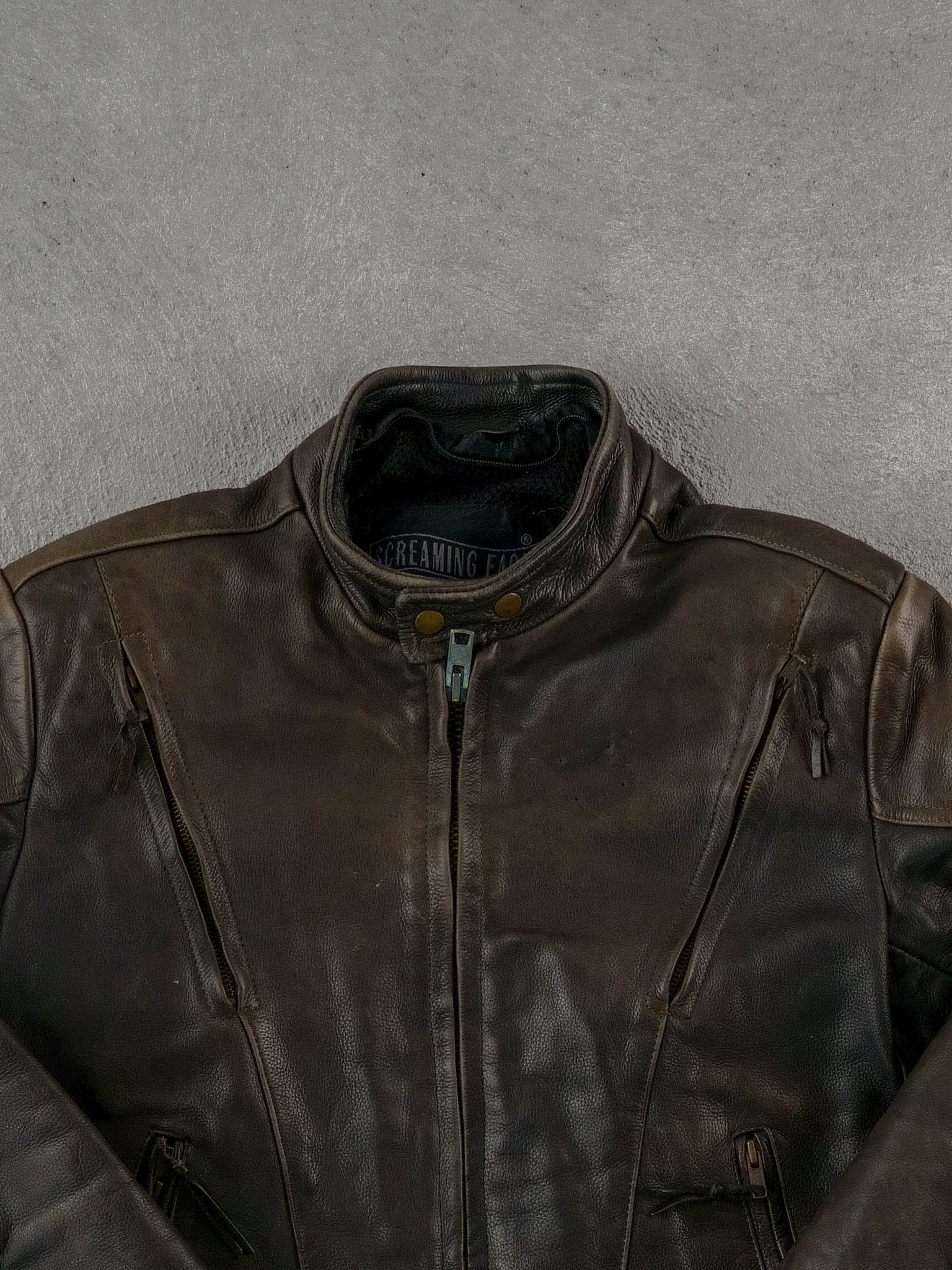 Vintage 90s Brown Screaming Eagle Biker Leather Jacket (M)