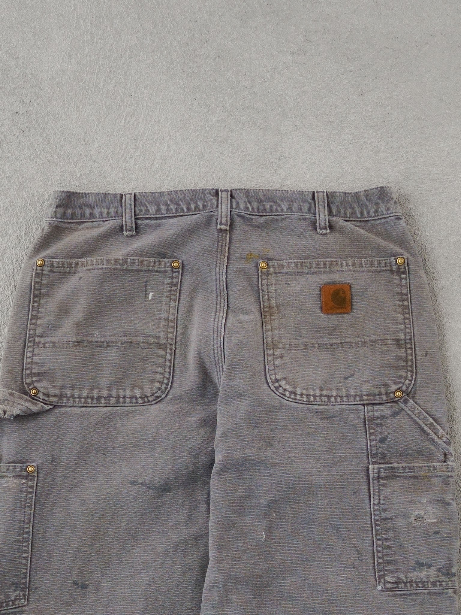 Vintage 90s Faded Grey Carhartt Double Knee Distressed Carpenter Pants (32x34)