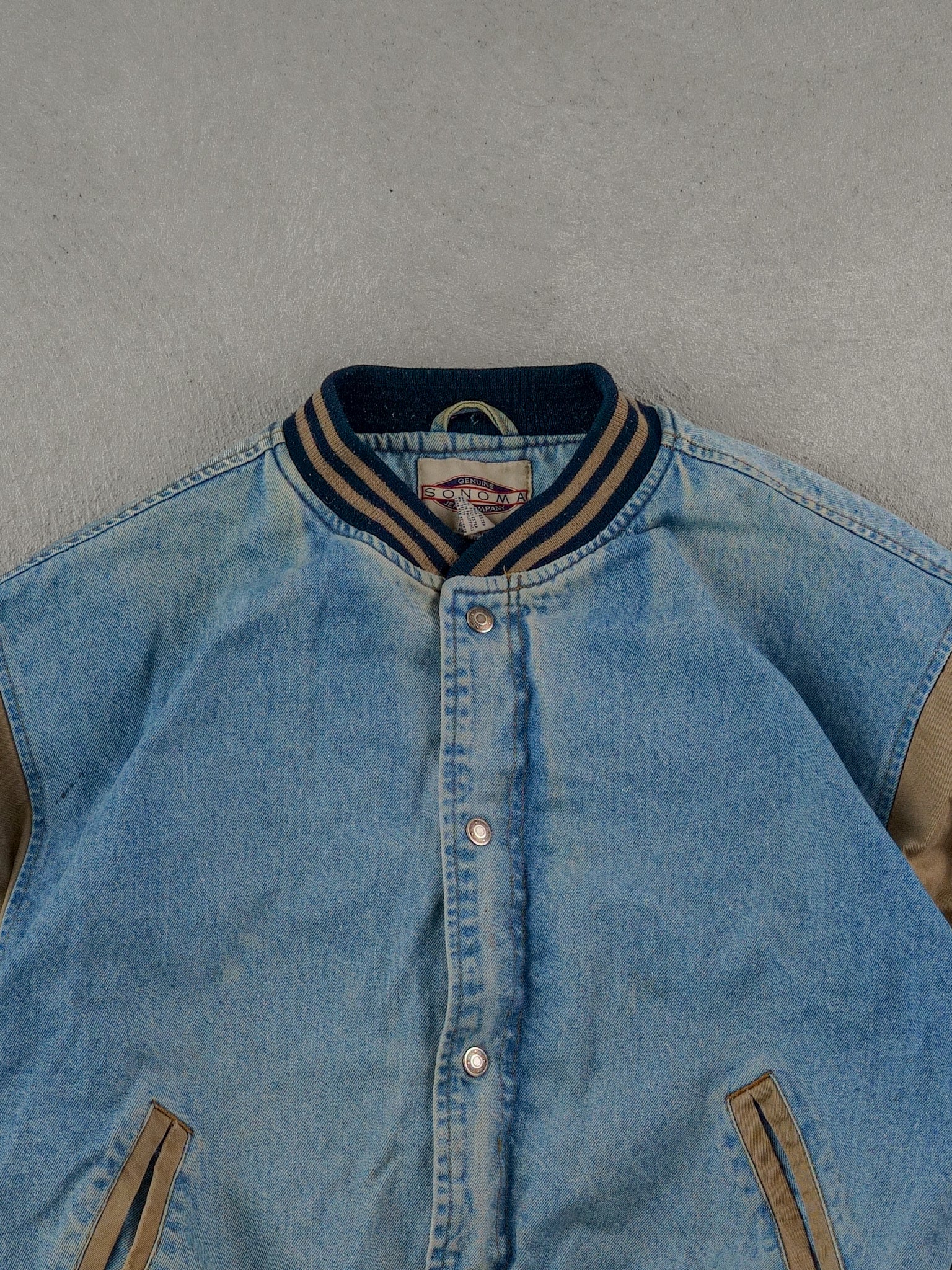 Vintage 90s Blue and Beige Sonoma Denim Bomber Jacket (XL)