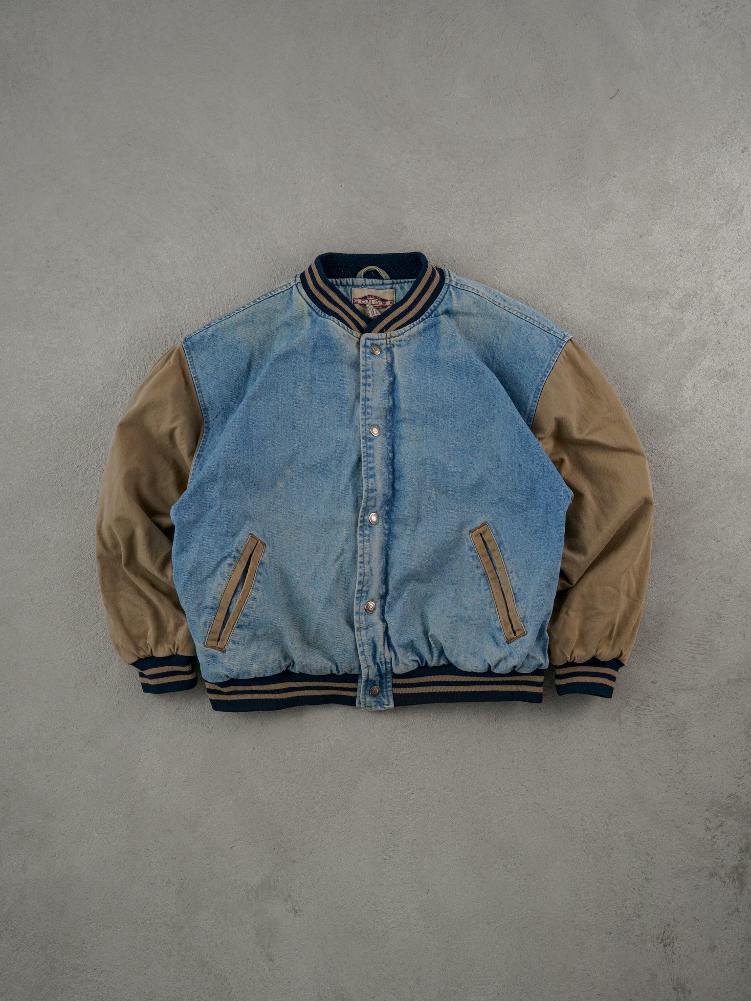 Vintage 90s Blue and Beige Sonoma Denim Bomber Jacket (XL)