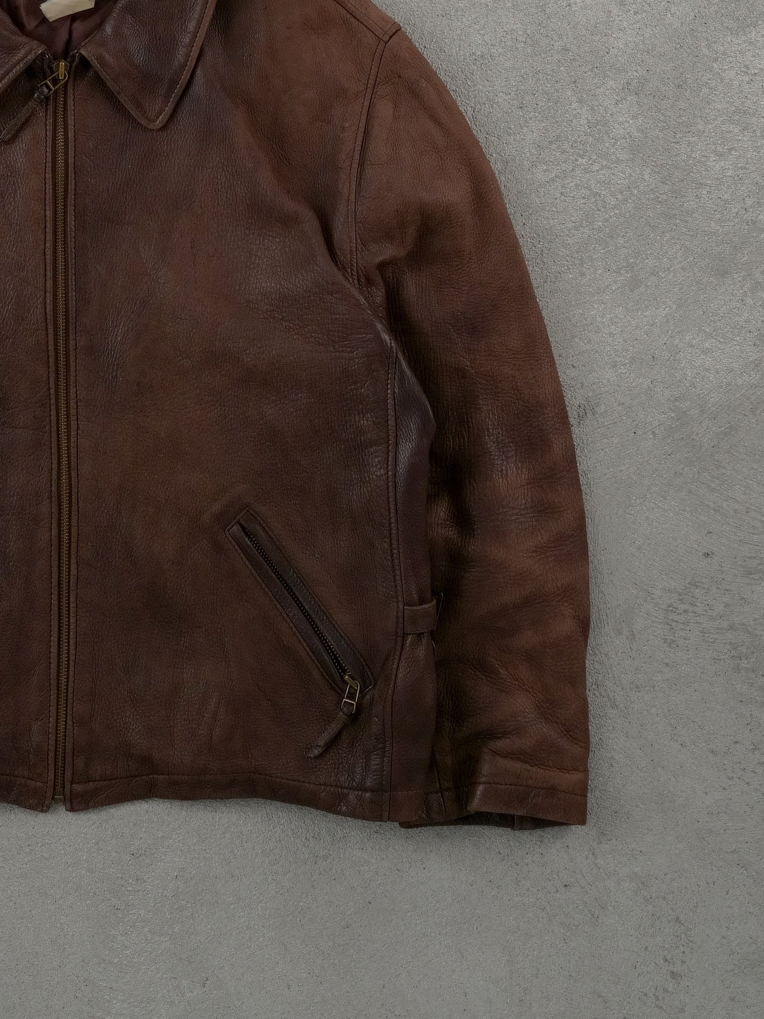 Vintage 90s Brown Roots Collared Leather Jacket (L)