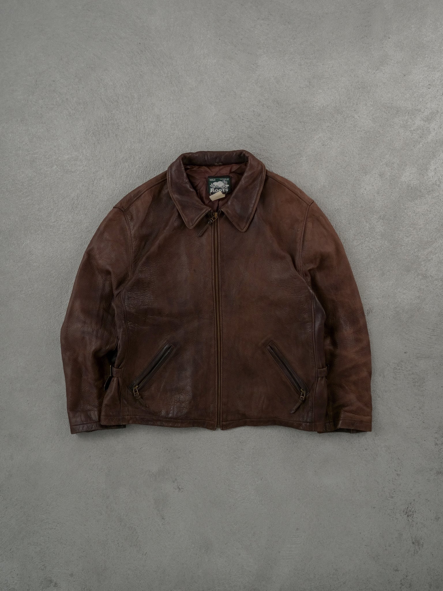 Vintage 90s Brown Roots Collared Leather Jacket (L)