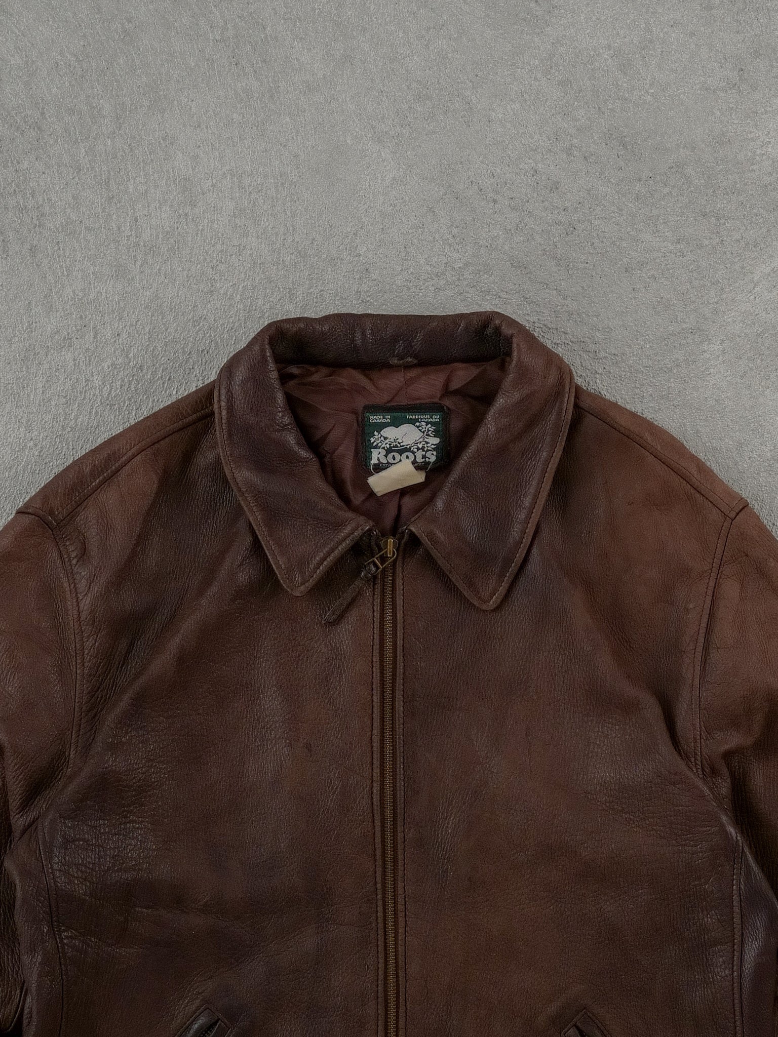 Vintage 90s Brown Roots Collared Leather Jacket (L)