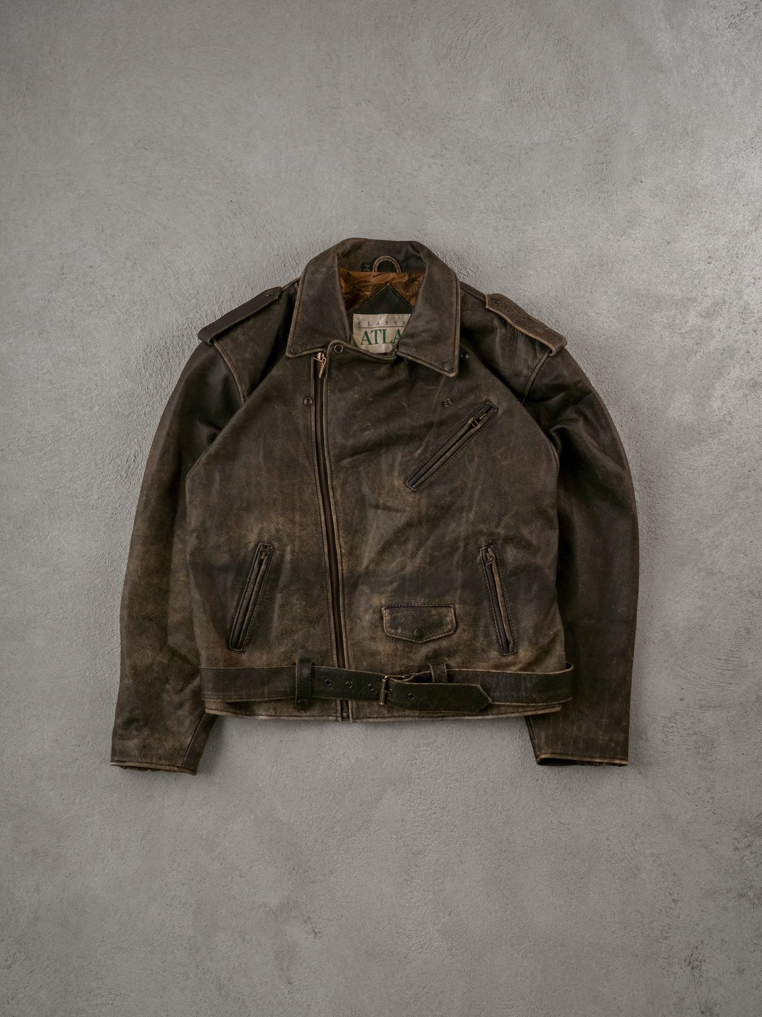 Vintage 90s Faded Brown Atlas Collared Leather Jacket (L)