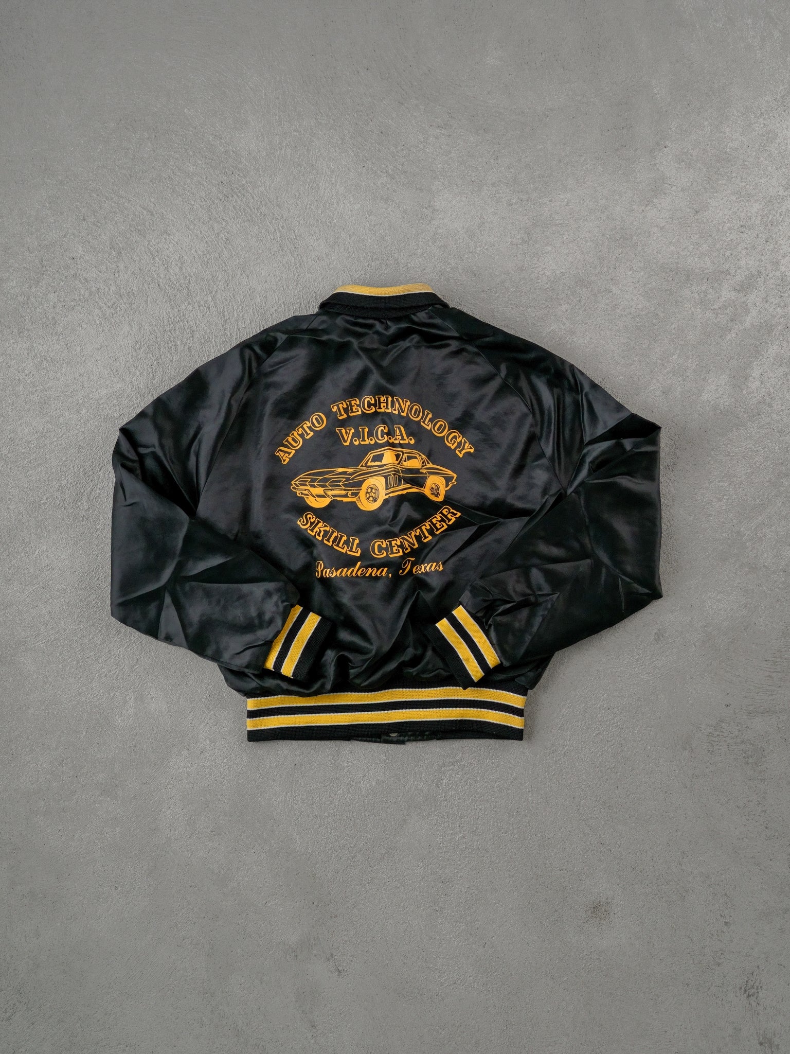 Vintage 90s Black and Yellow Auto Technology Skill Centre Texas Bomber Jacket (S/M)