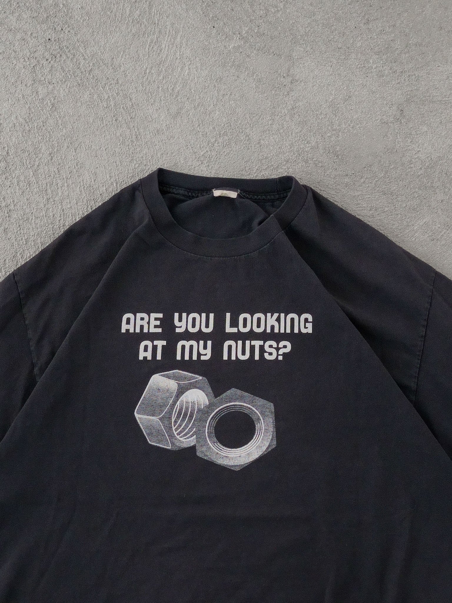 Vintage 90s Black "Are You Looking At Nuts ?" Graphic Tee (L)