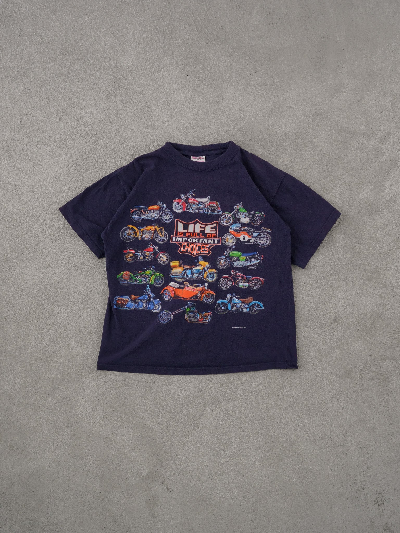 Vintage 90s Blue "Life is full of Important chocies" Biker Graphic Tee (M)