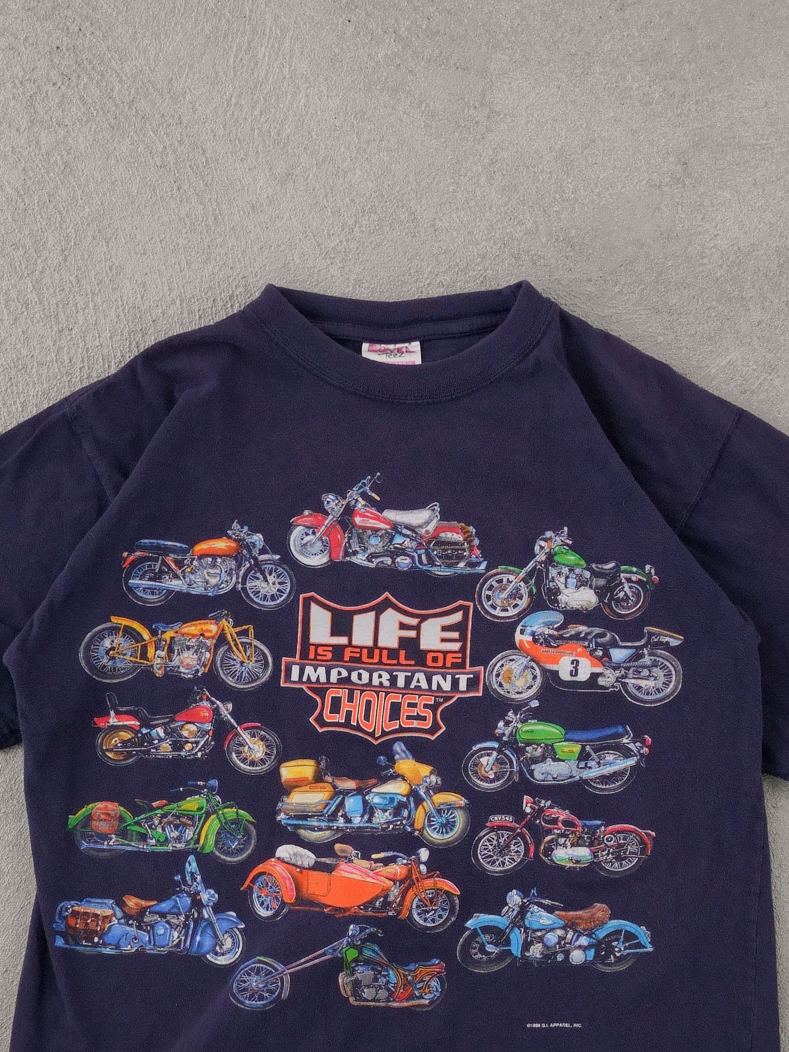 Vintage 90s Blue "Life is full of Important chocies" Biker Graphic Tee (M)