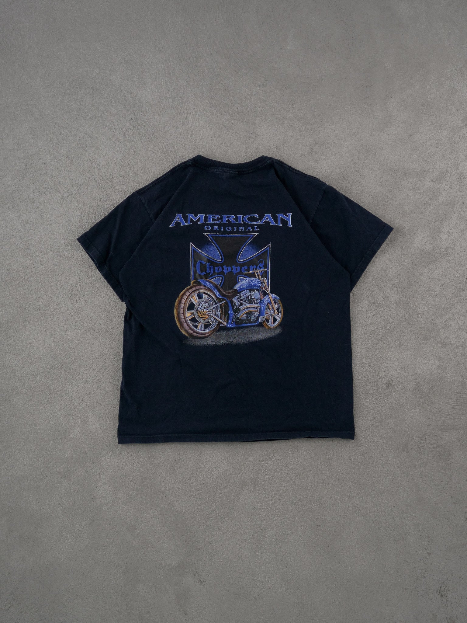 Vintage Y2k Dark Blue American Original Choppers Graphic Tee (M).