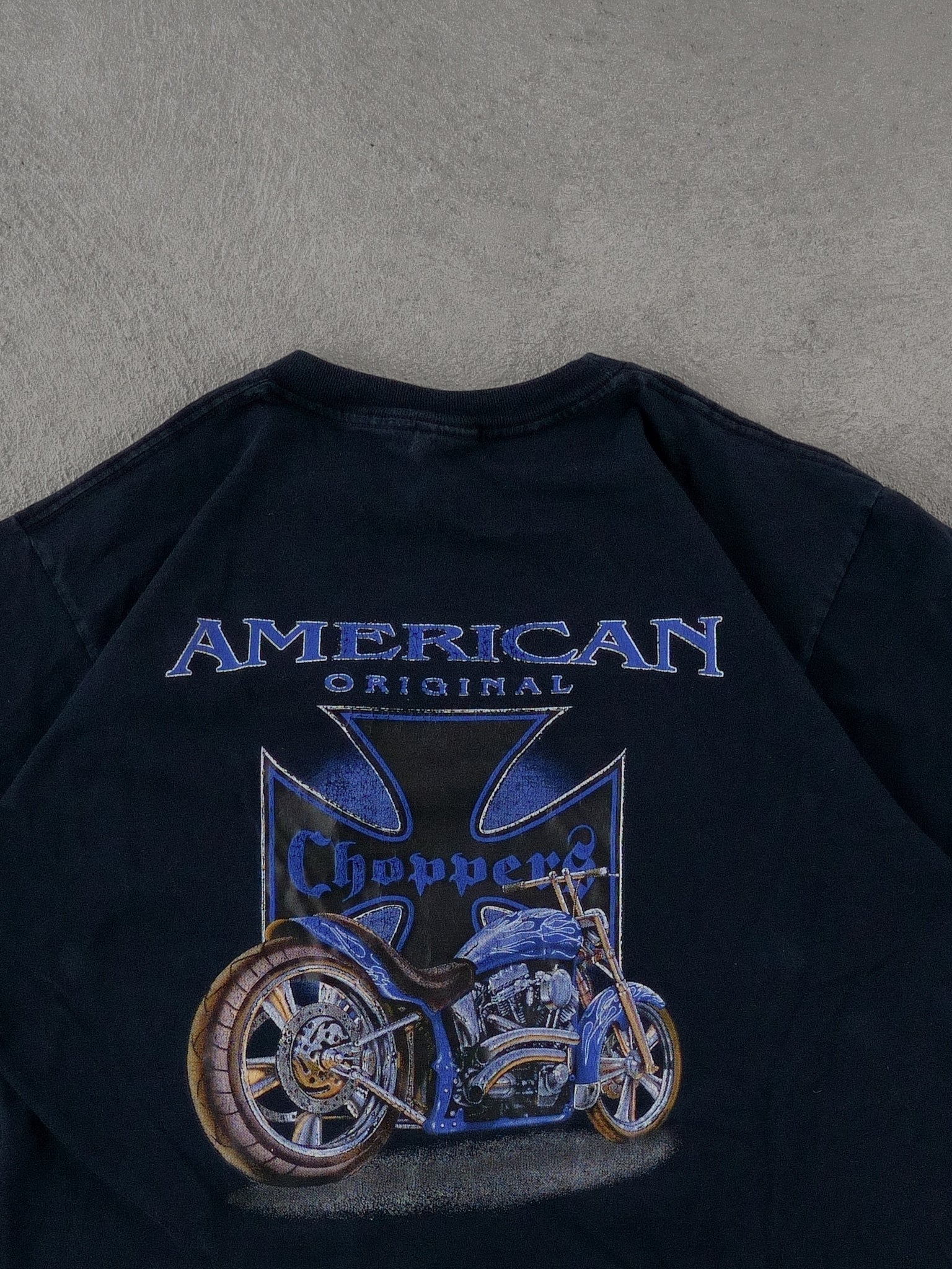 Vintage Y2k Dark Blue American Original Choppers Graphic Tee (M).