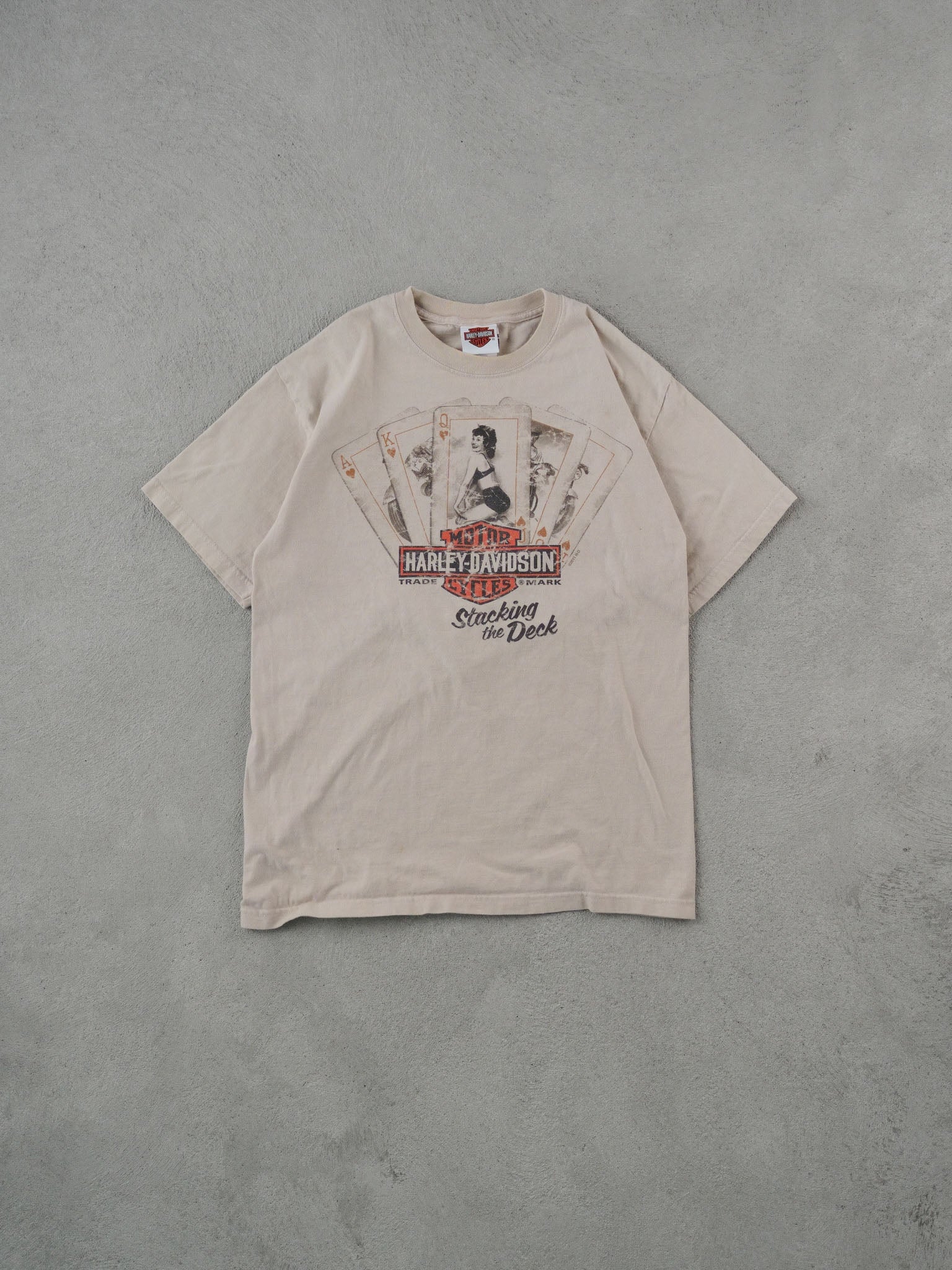 Vintage Y2k Beige Harley Davidson Stacking The Deck Graphic Tee (S)